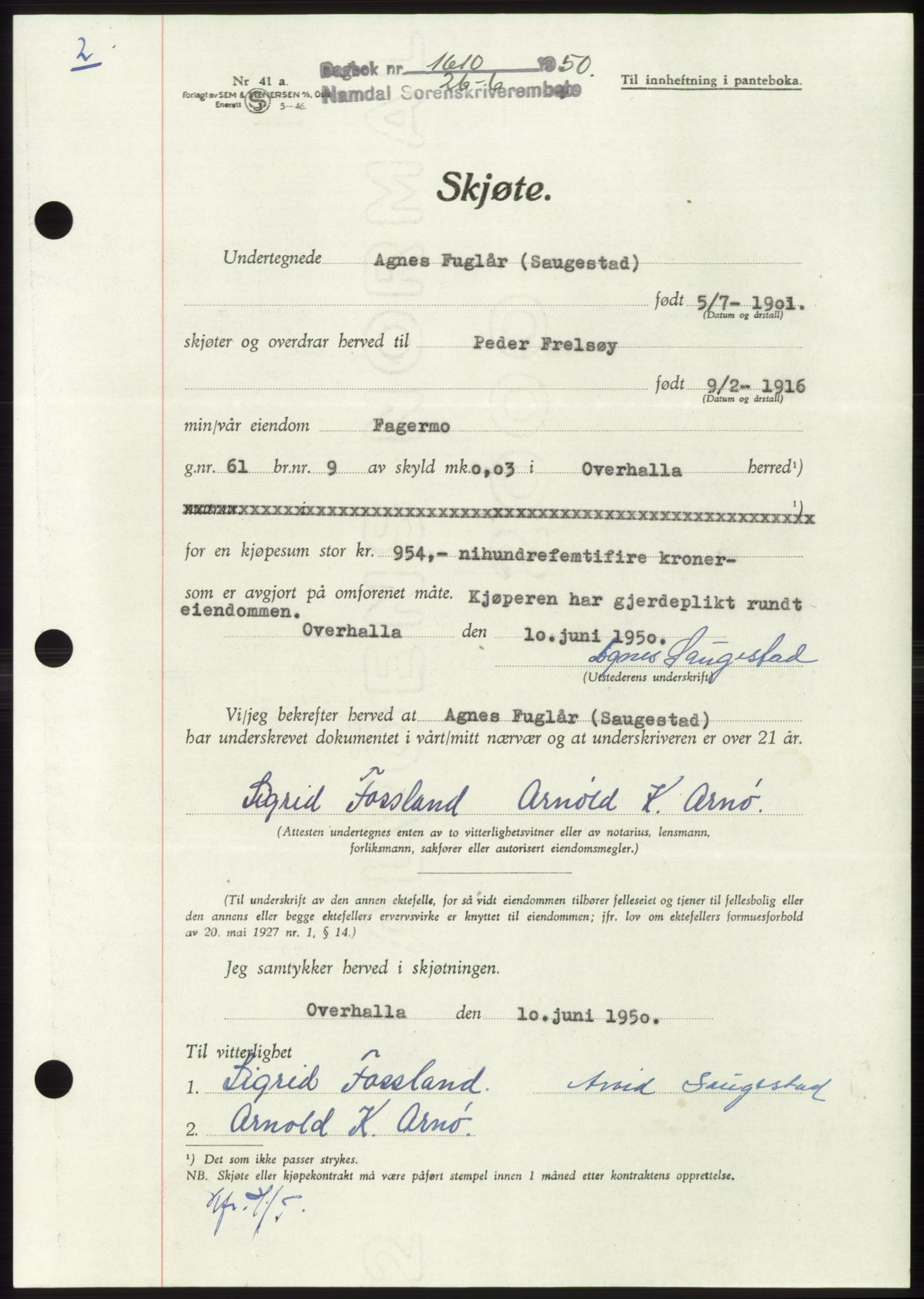 Namdal sorenskriveri, AV/SAT-A-4133/1/2/2C: Mortgage book no. -, 1950-1950, Diary no: : 1610/1950