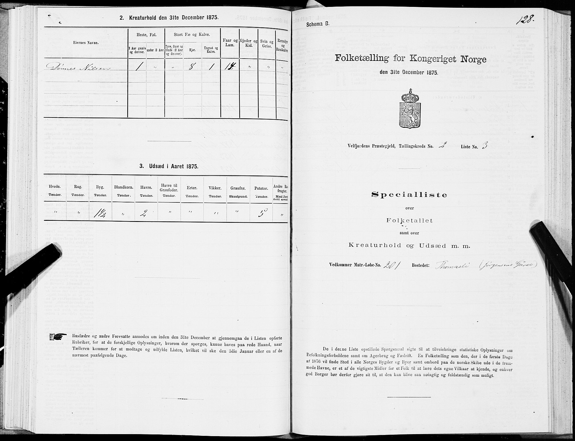 SAT, 1875 census for 1813P Velfjord, 1875, p. 1128