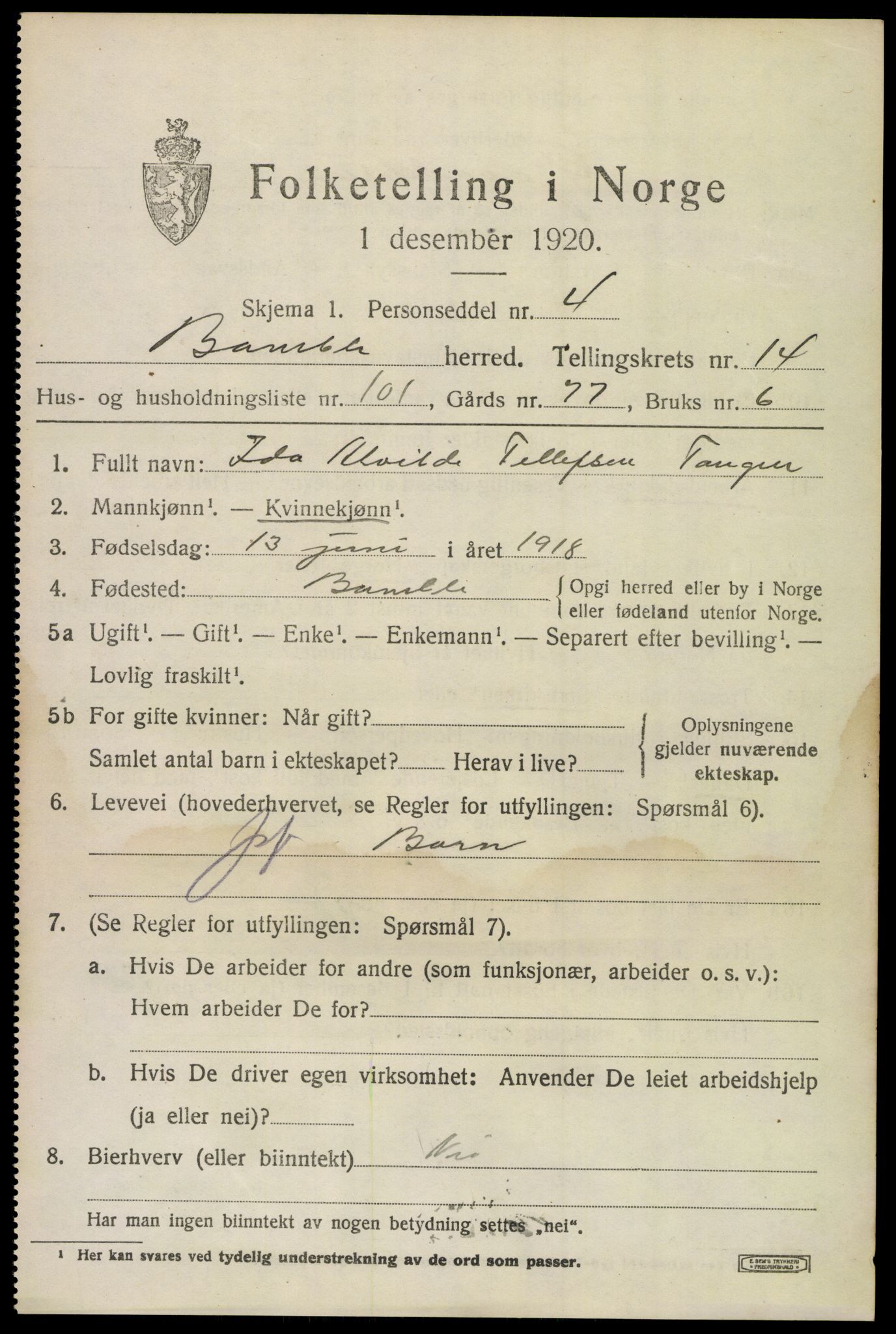 SAKO, 1920 census for Bamble, 1920, p. 10845