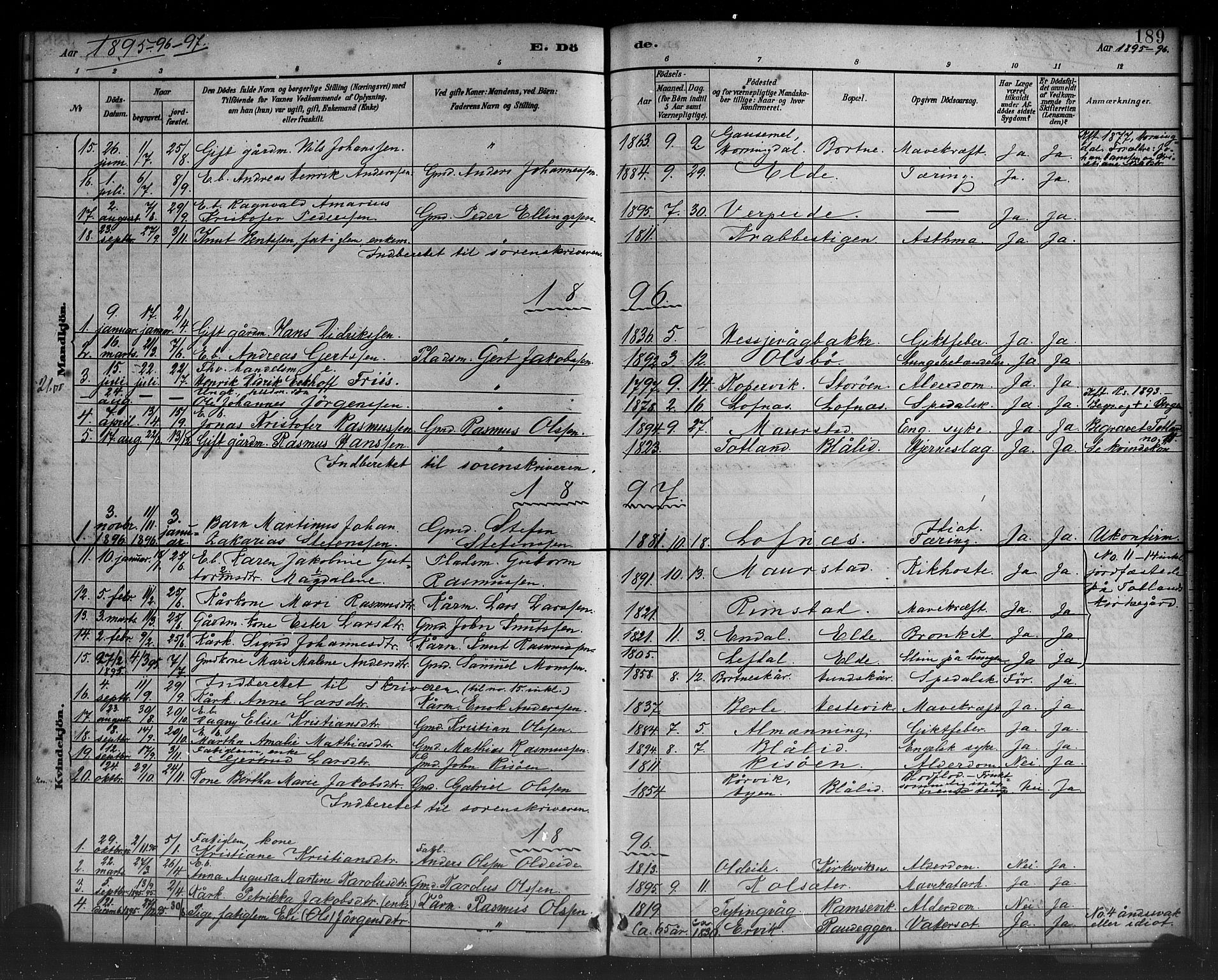 Davik sokneprestembete, SAB/A-79701/H/Haa/Haad/L0001: Parish register (official) no. D 1, 1882-1900, p. 189