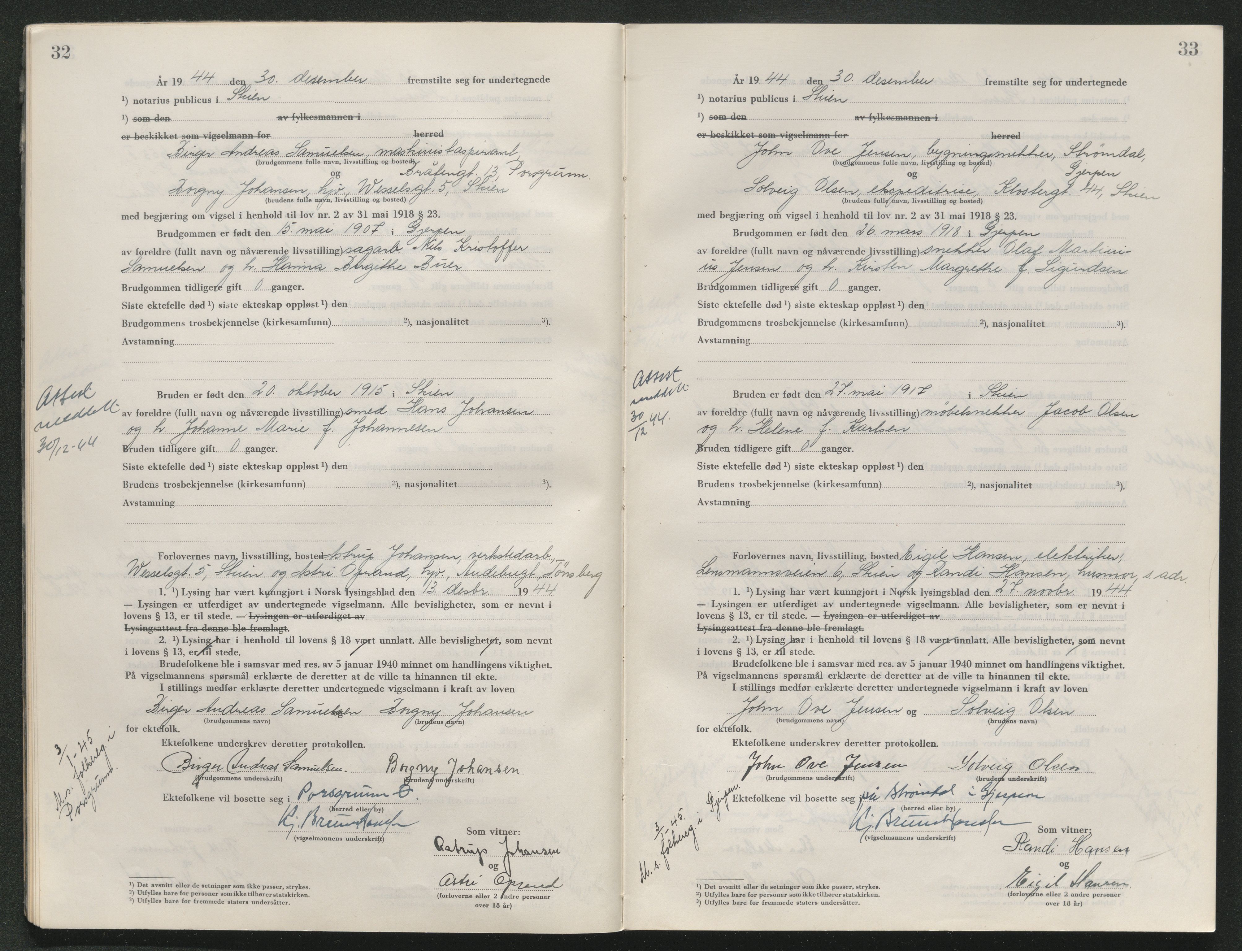 Skien sorenskriveri, AV/SAKO-A-225/L/La/L0001: Vigselsprotokoll, 1920-1947, p. 32-33