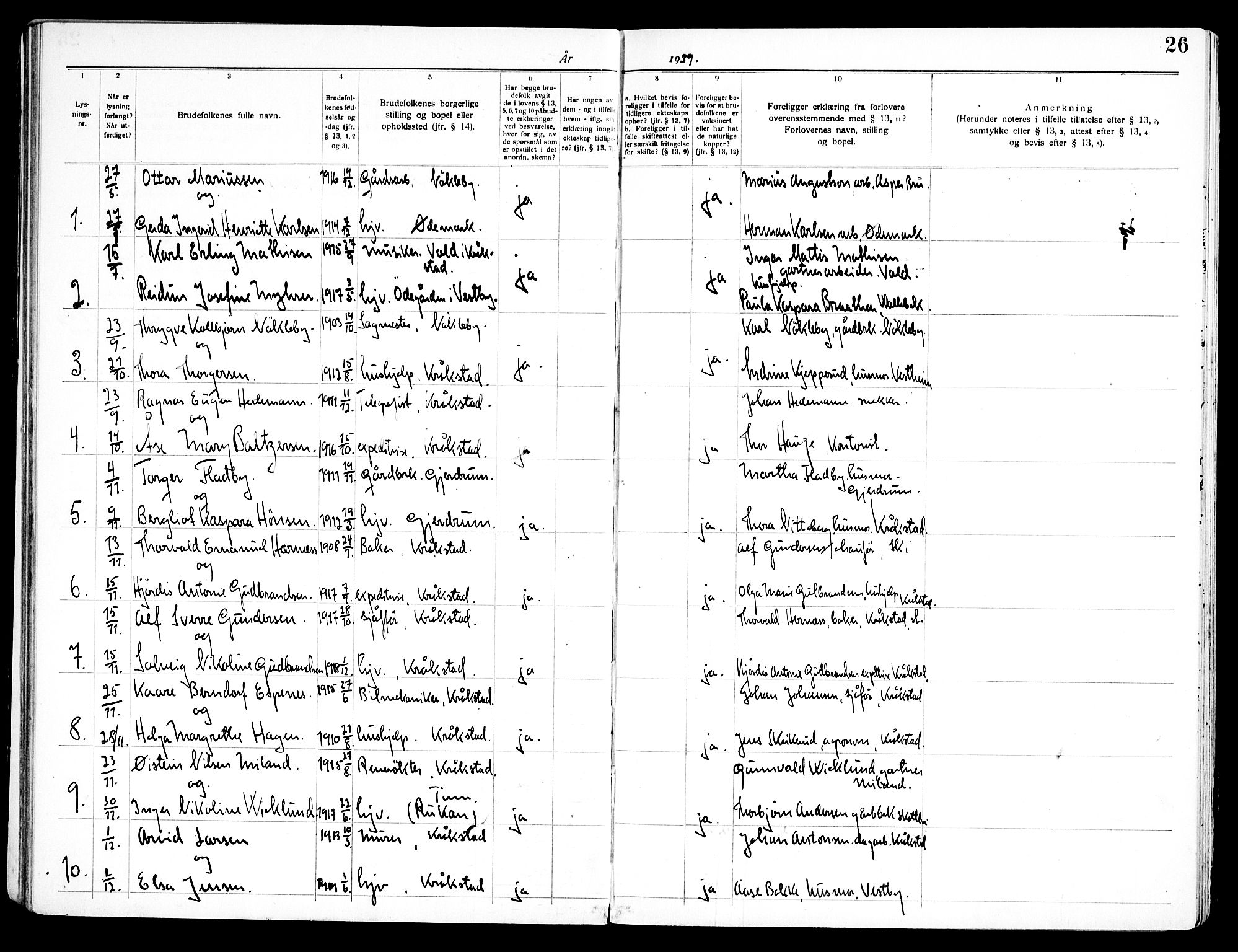 Kråkstad prestekontor Kirkebøker, SAO/A-10125a/H/Ha/L0001: Banns register no. I 1, 1919-1969, p. 26