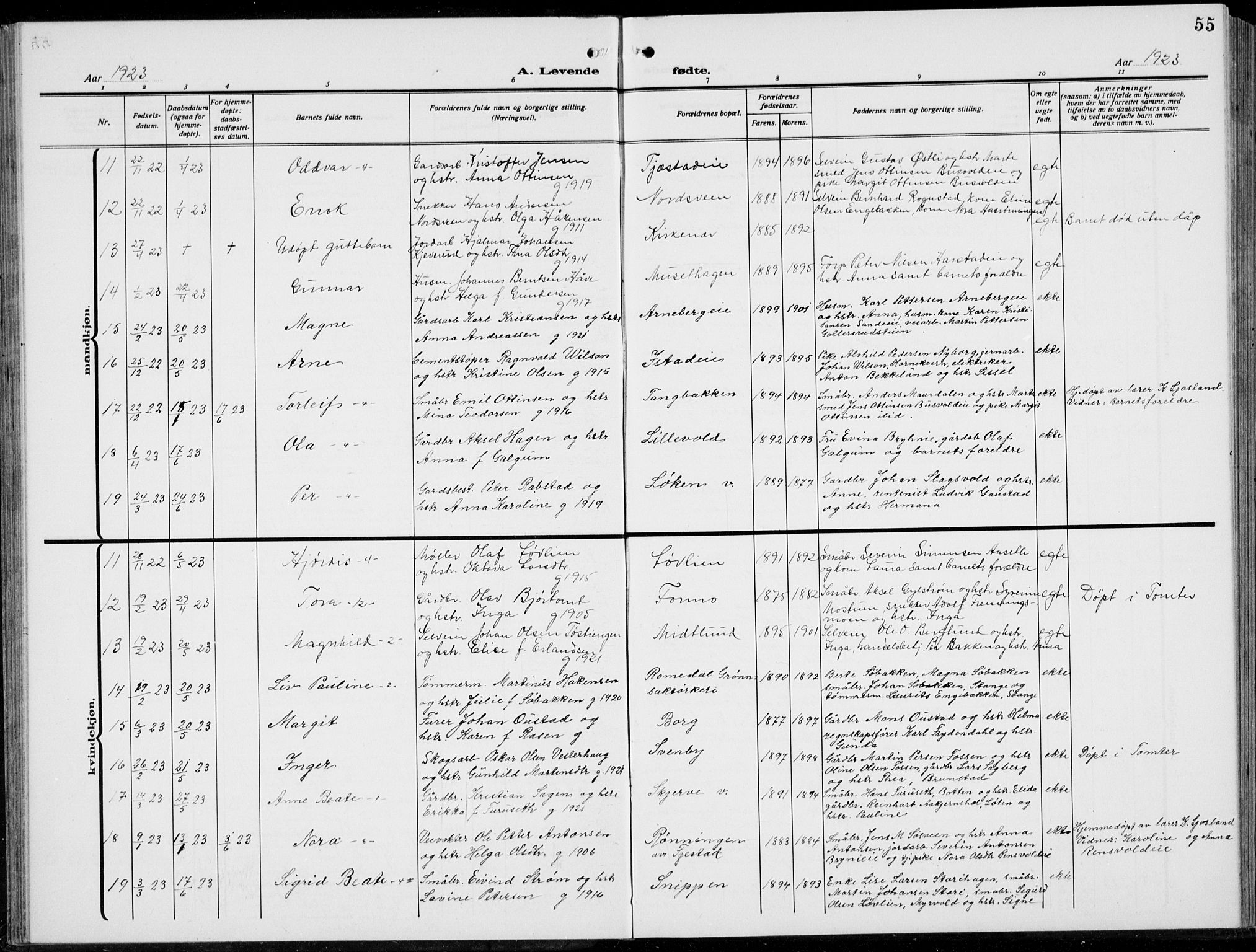 Romedal prestekontor, SAH/PREST-004/L/L0014: Parish register (copy) no. 14, 1915-1939, p. 55