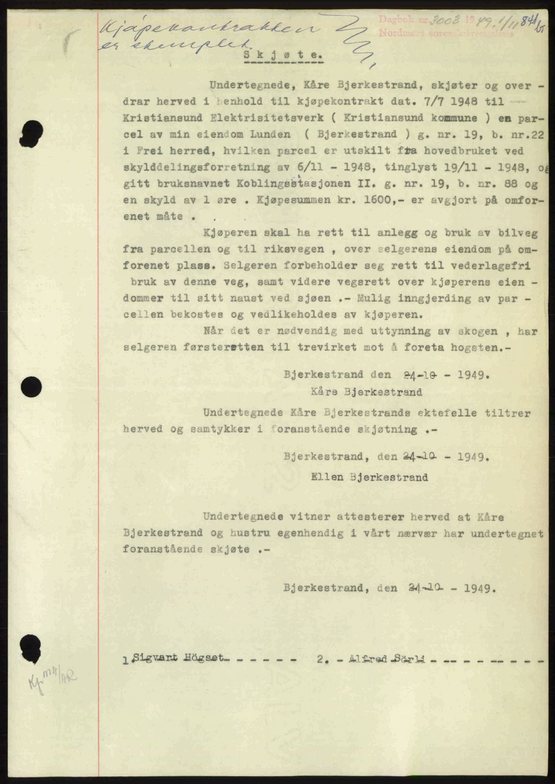 Nordmøre sorenskriveri, AV/SAT-A-4132/1/2/2Ca: Mortgage book no. A112, 1949-1949, Diary no: : 3003/1949