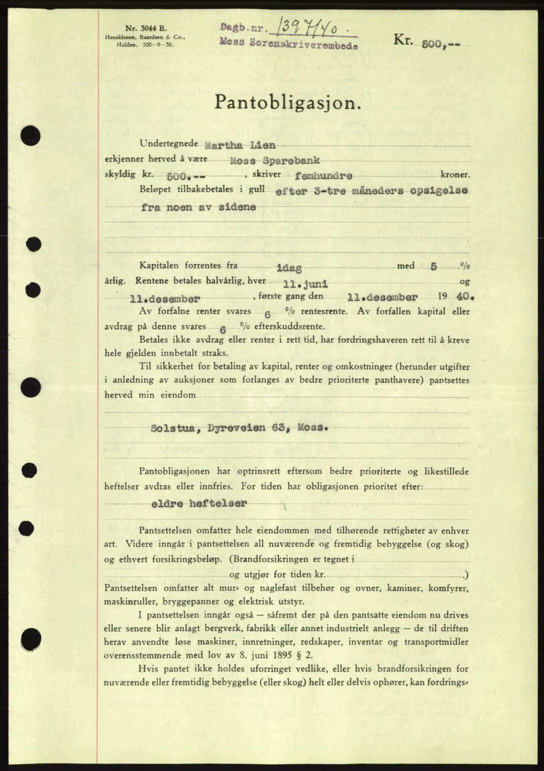 Moss sorenskriveri, SAO/A-10168: Mortgage book no. B10, 1940-1941, Diary no: : 1397/1940