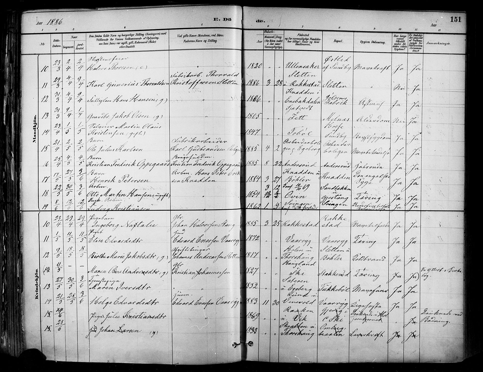 Enebakk prestekontor Kirkebøker, SAO/A-10171c/F/Fa/L0016: Parish register (official) no. I 16, 1883-1898, p. 151