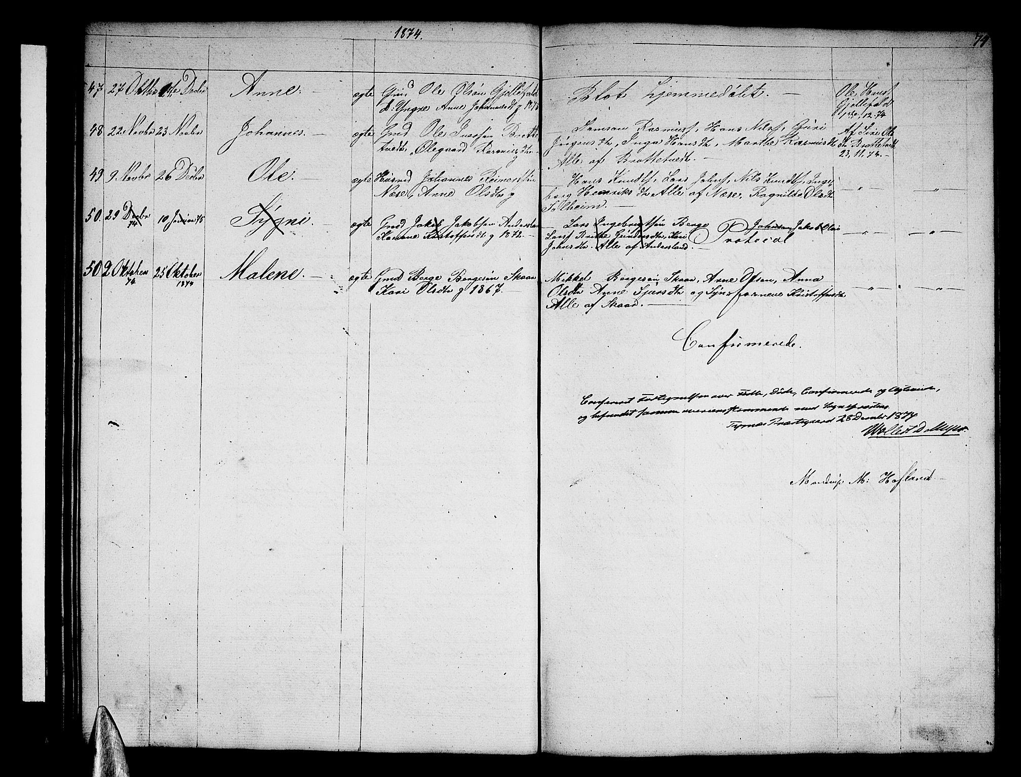 Tysnes sokneprestembete, AV/SAB-A-78601/H/Hab: Parish register (copy) no. E 1, 1855-1874, p. 74