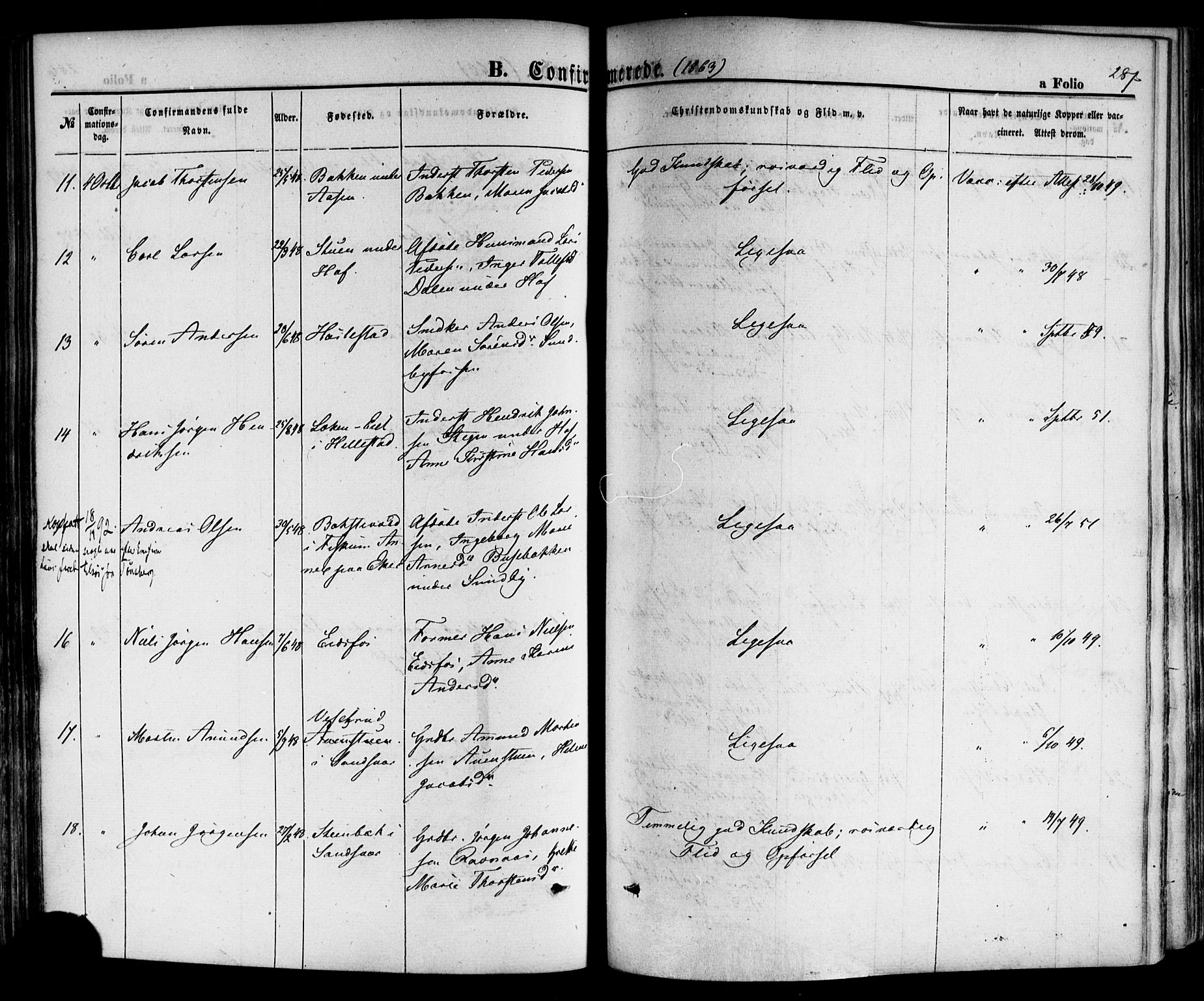 Hof kirkebøker, AV/SAKO-A-64/F/Fa/L0006: Parish register (official) no. I 6, 1851-1877, p. 287