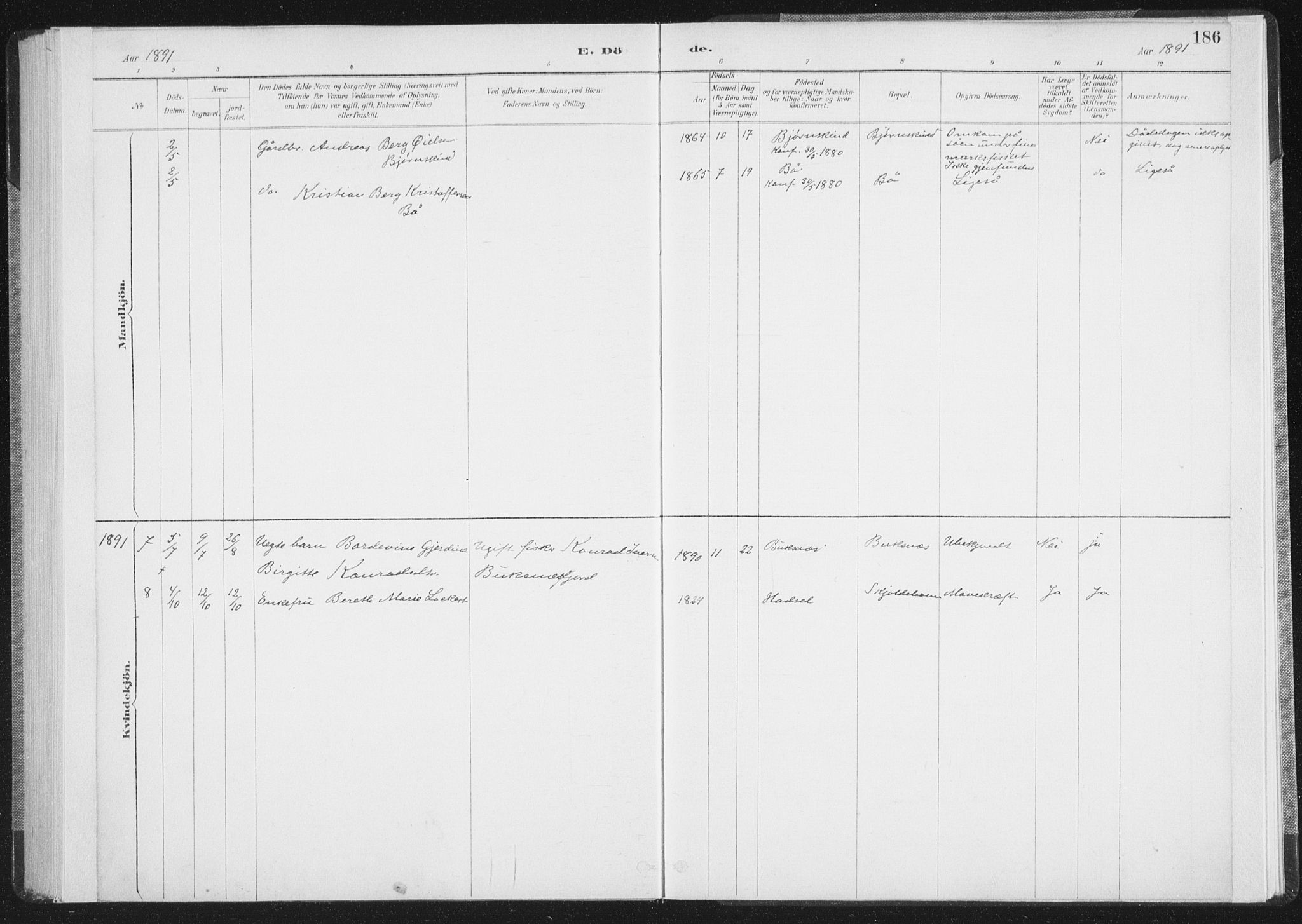 Ministerialprotokoller, klokkerbøker og fødselsregistre - Nordland, AV/SAT-A-1459/898/L1422: Parish register (official) no. 898A02, 1887-1908, p. 186