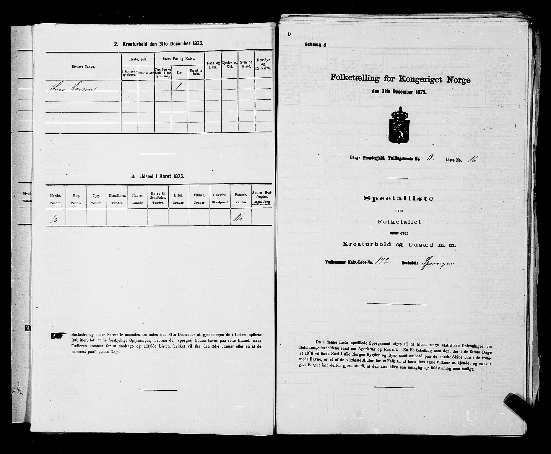 RA, 1875 census for 0116P Berg, 1875, p. 292