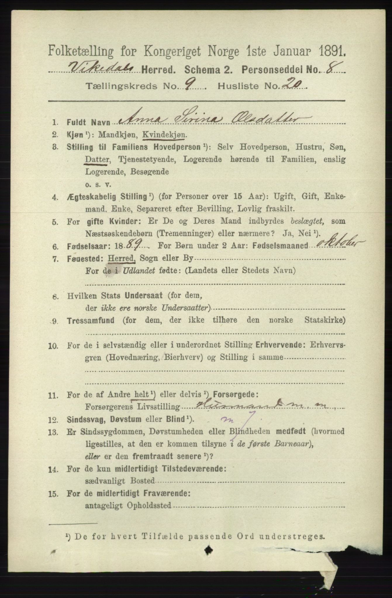 RA, 1891 census for 1157 Vikedal, 1891, p. 2461