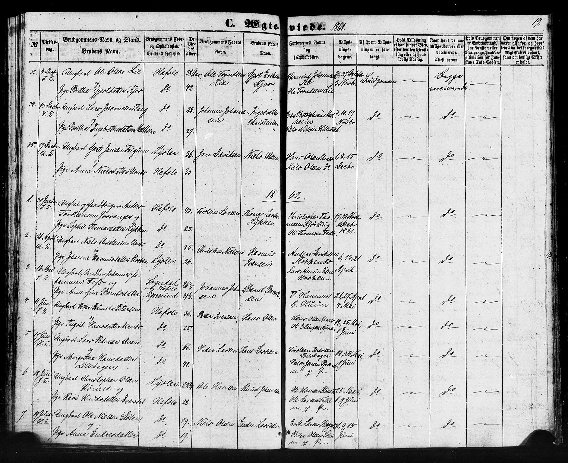 Hafslo sokneprestembete, AV/SAB-A-80301/H/Haa/Haaa/L0013: Parish register (official) no. A 13, 1854-1879, p. 19