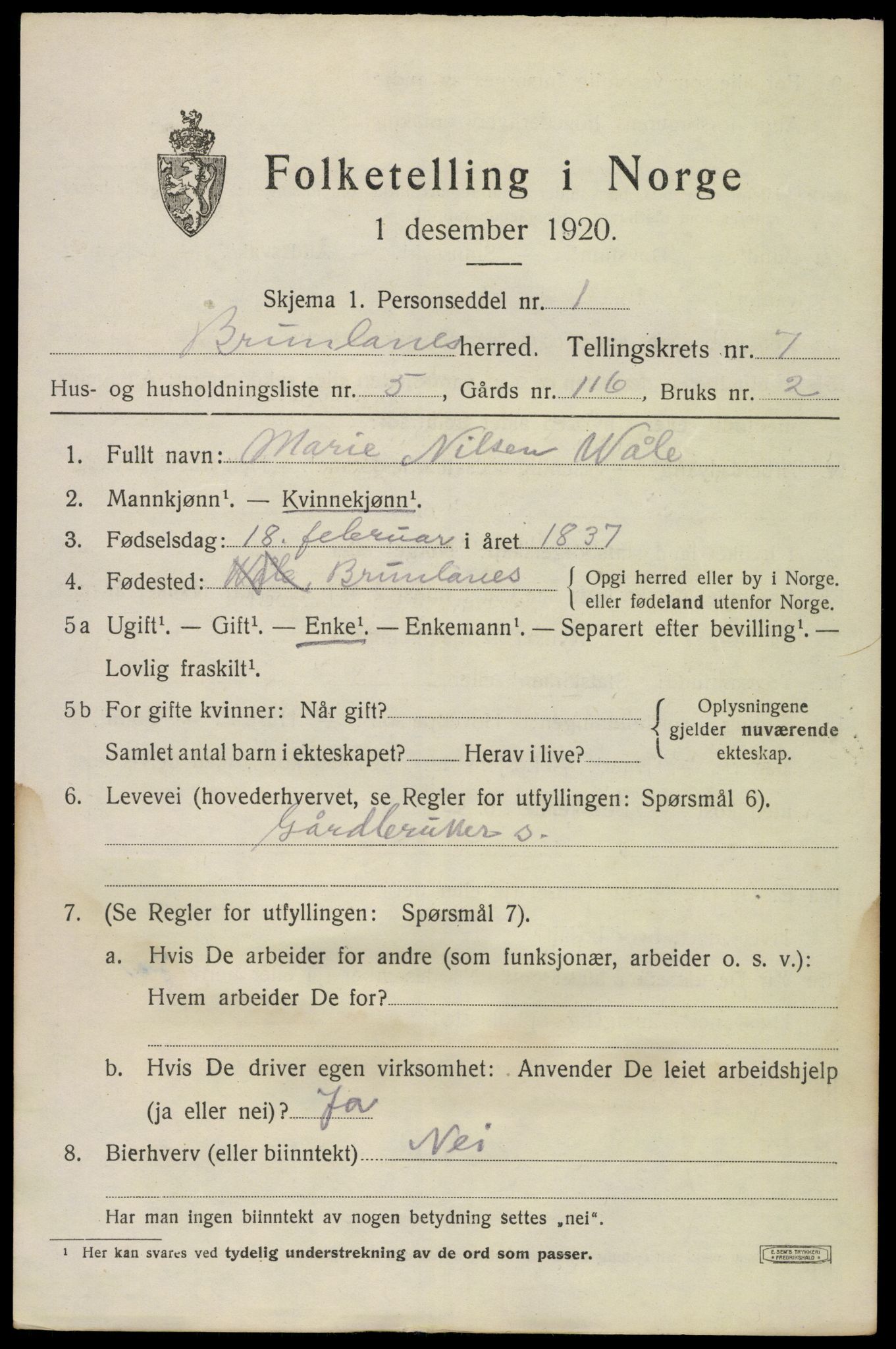 SAKO, 1920 census for Brunlanes, 1920, p. 7127