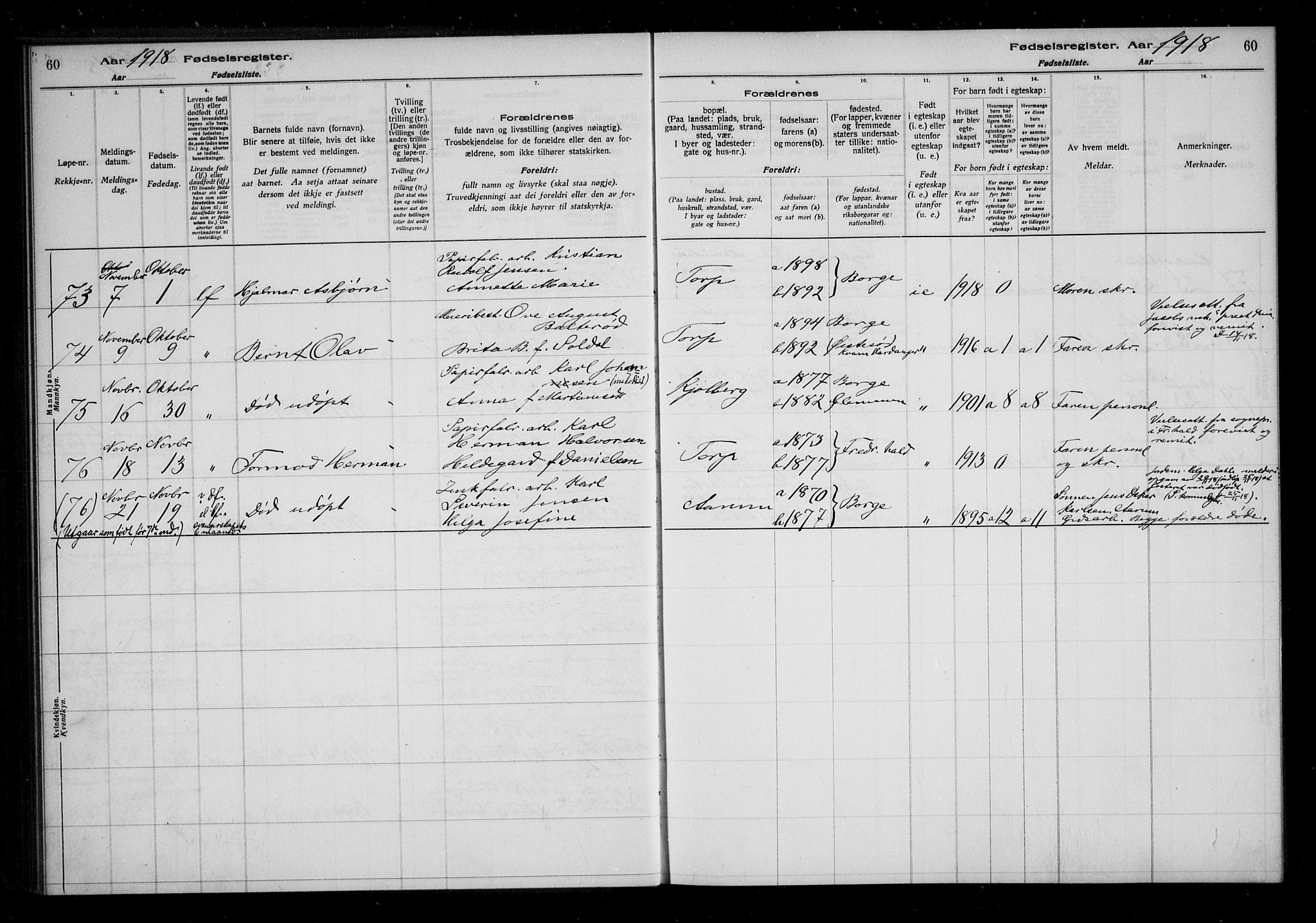 Borge prestekontor Kirkebøker, AV/SAO-A-10903/J/Ja/L0001: Birth register no. I 1, 1916-1925, p. 60