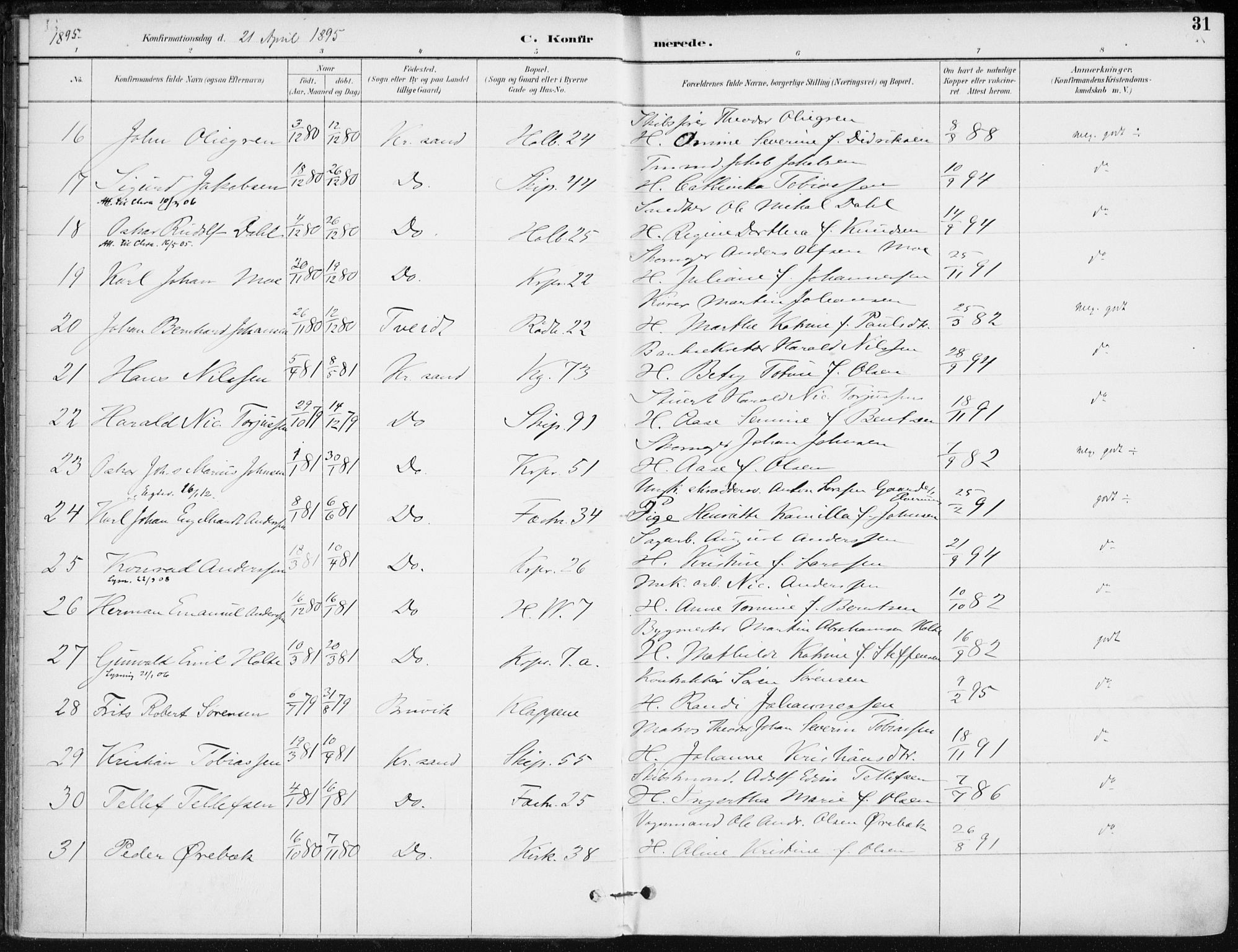 Kristiansand domprosti, AV/SAK-1112-0006/F/Fa/L0020: Parish register (official) no. A 19, 1893-1904, p. 31