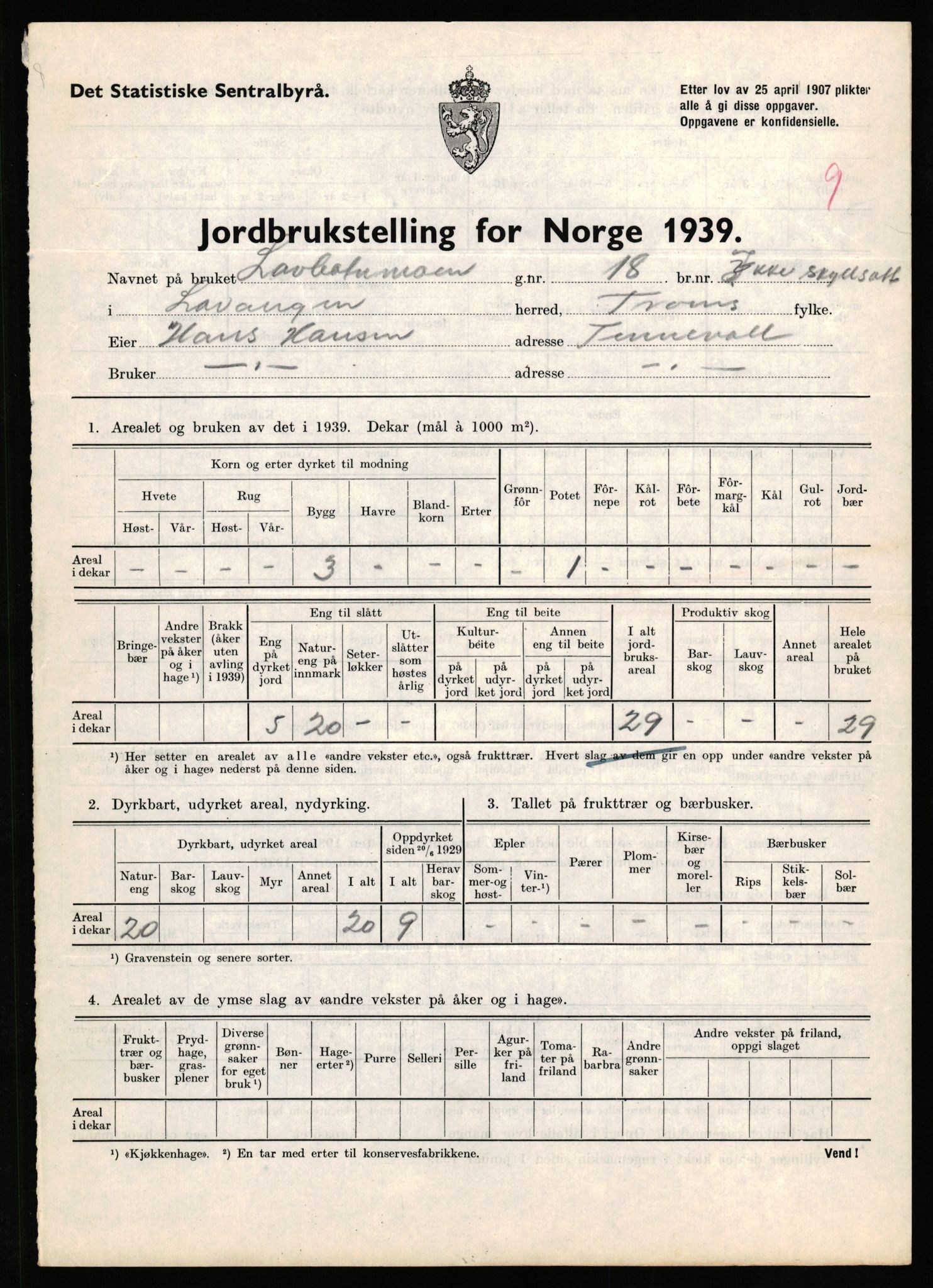 Statistisk sentralbyrå, Næringsøkonomiske emner, Jordbruk, skogbruk, jakt, fiske og fangst, AV/RA-S-2234/G/Gb/L0339: Troms: Andørja, Astafjord og Lavangen, 1939, p. 1184