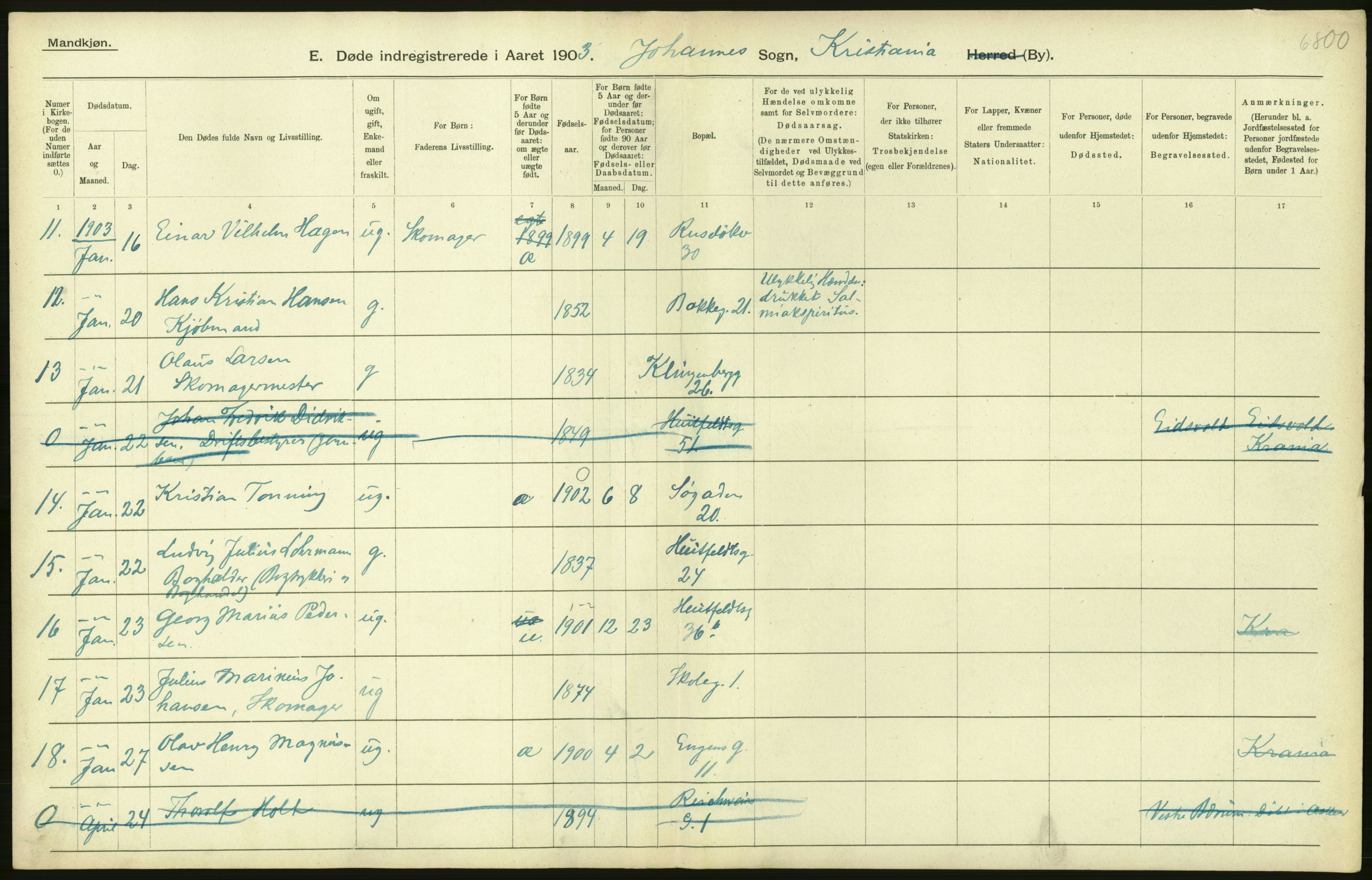 Statistisk sentralbyrå, Sosiodemografiske emner, Befolkning, AV/RA-S-2228/D/Df/Dfa/Dfaa/L0004: Kristiania: Gifte, døde, 1903, p. 178