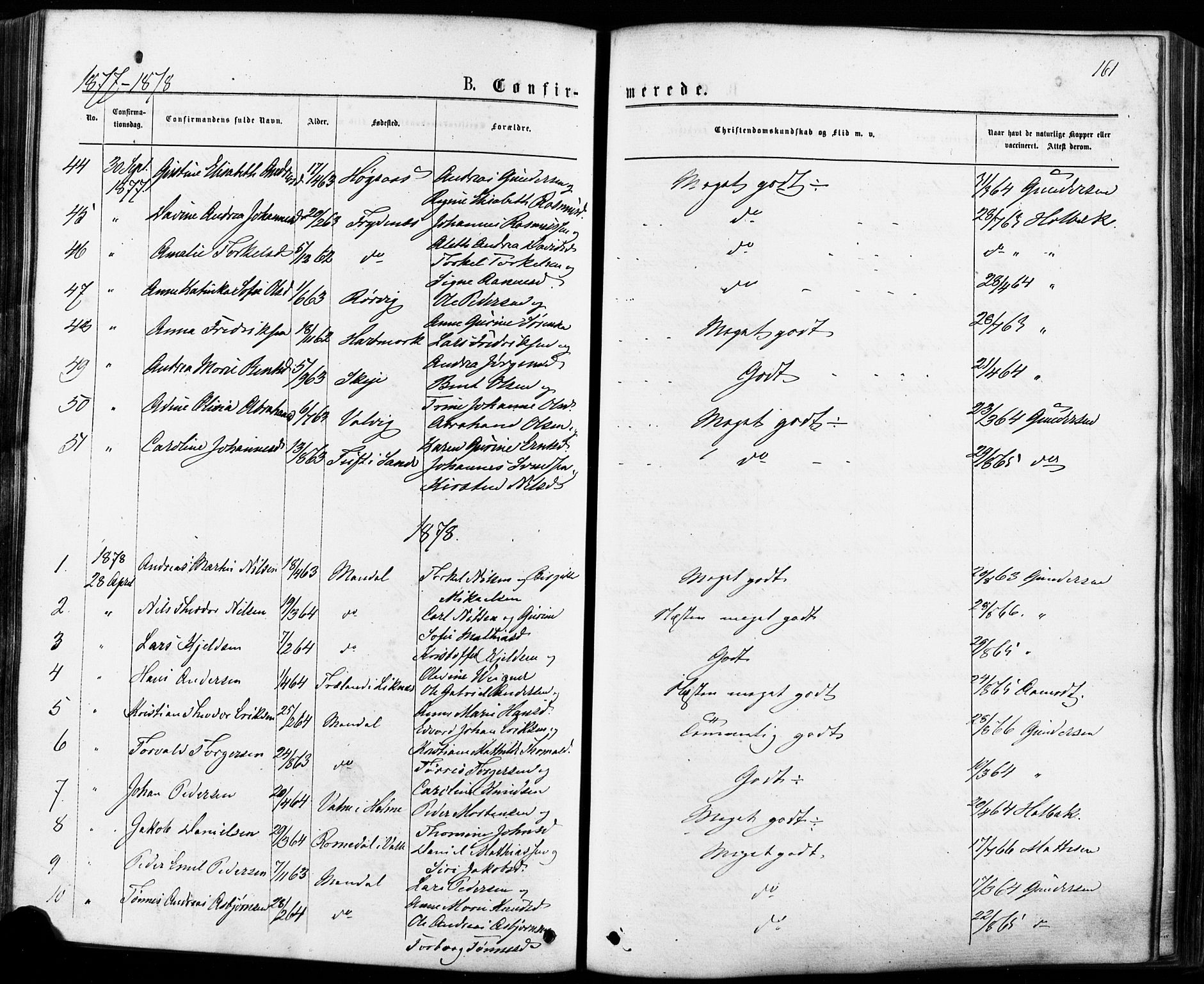 Mandal sokneprestkontor, AV/SAK-1111-0030/F/Fa/Faa/L0015: Parish register (official) no. A 15, 1873-1879, p. 161