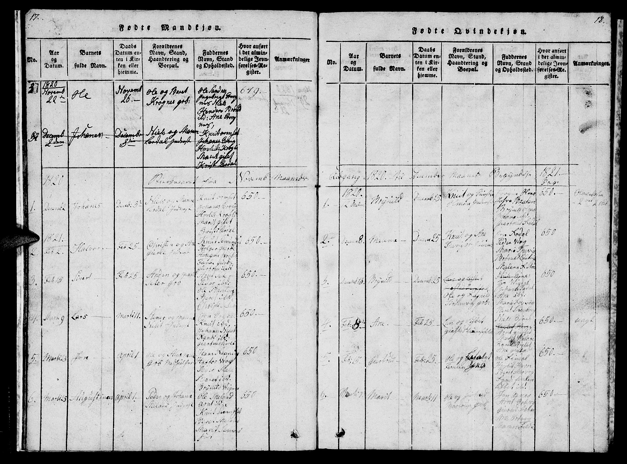 Ministerialprotokoller, klokkerbøker og fødselsregistre - Møre og Romsdal, AV/SAT-A-1454/578/L0908: Parish register (copy) no. 578C01, 1819-1837, p. 17-18