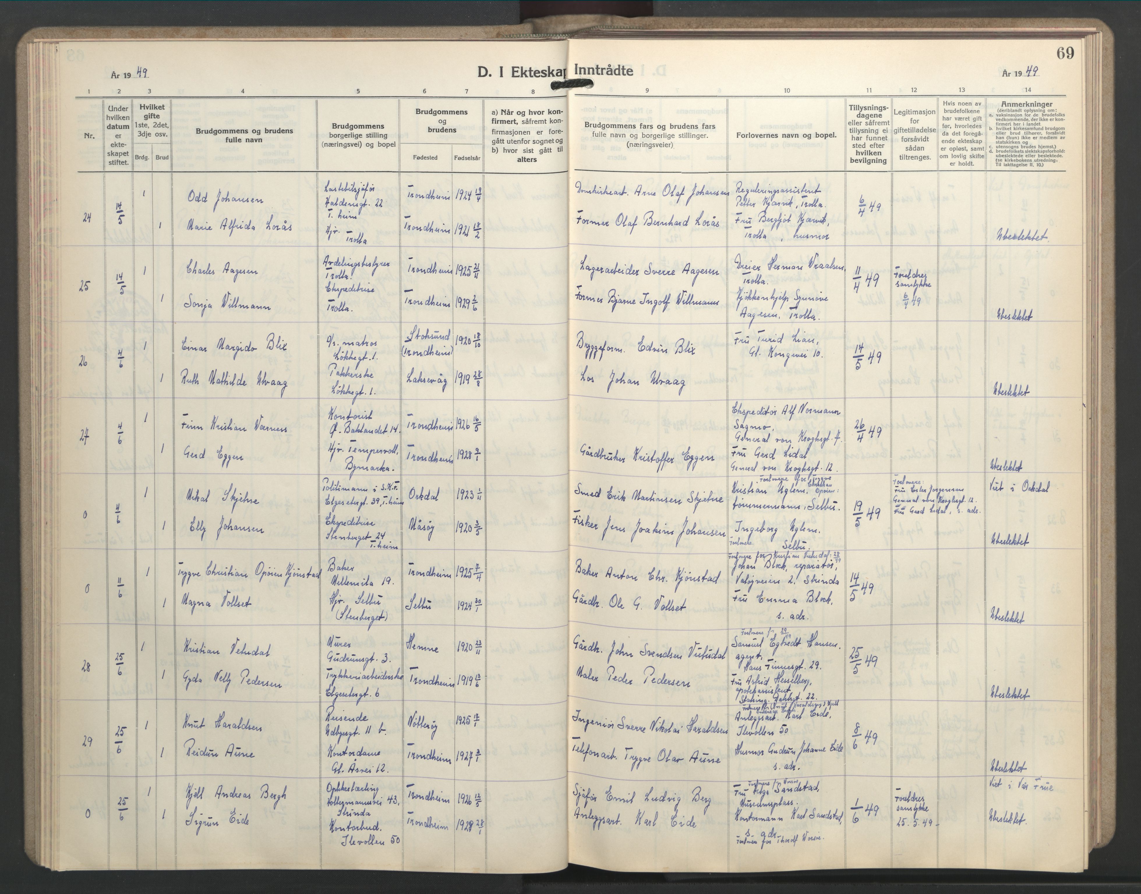 Ministerialprotokoller, klokkerbøker og fødselsregistre - Sør-Trøndelag, AV/SAT-A-1456/603/L0177: Parish register (copy) no. 603C05, 1941-1952, p. 69