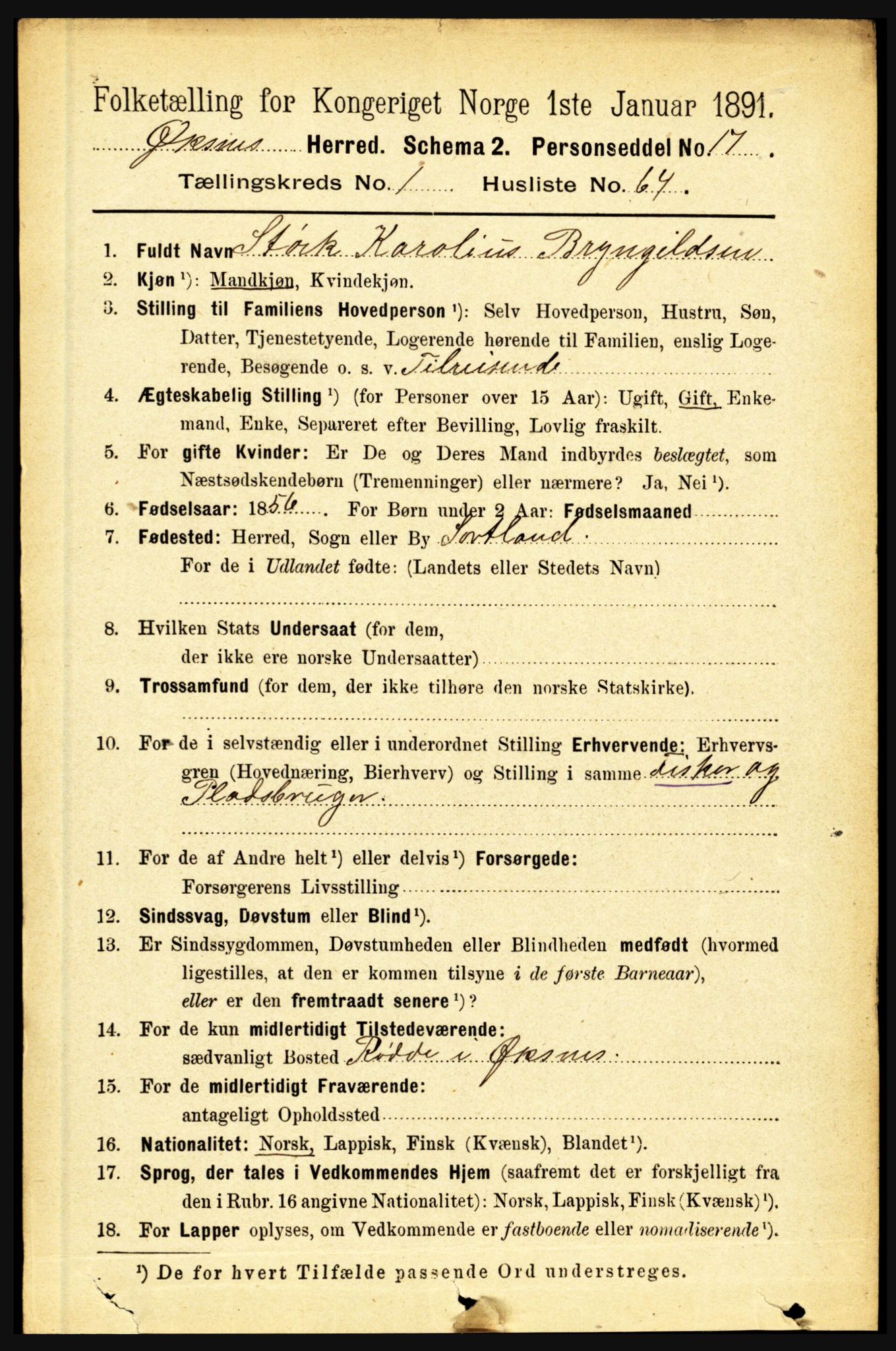 RA, 1891 census for 1868 Øksnes, 1891, p. 596