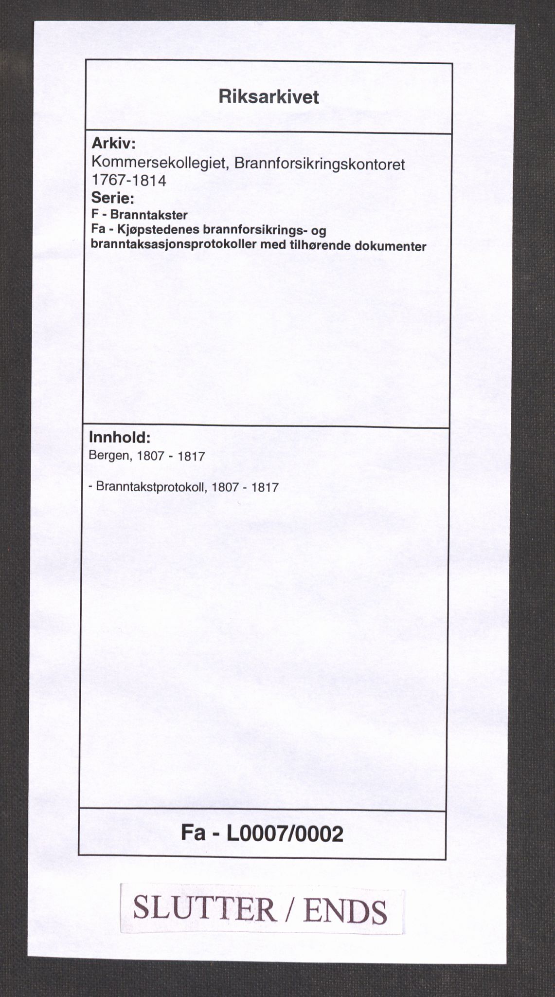 Kommersekollegiet, Brannforsikringskontoret 1767-1814, AV/RA-EA-5458/F/Fa/L0007/0002: Bergen / Branntakstprotokoll, 1807-1817