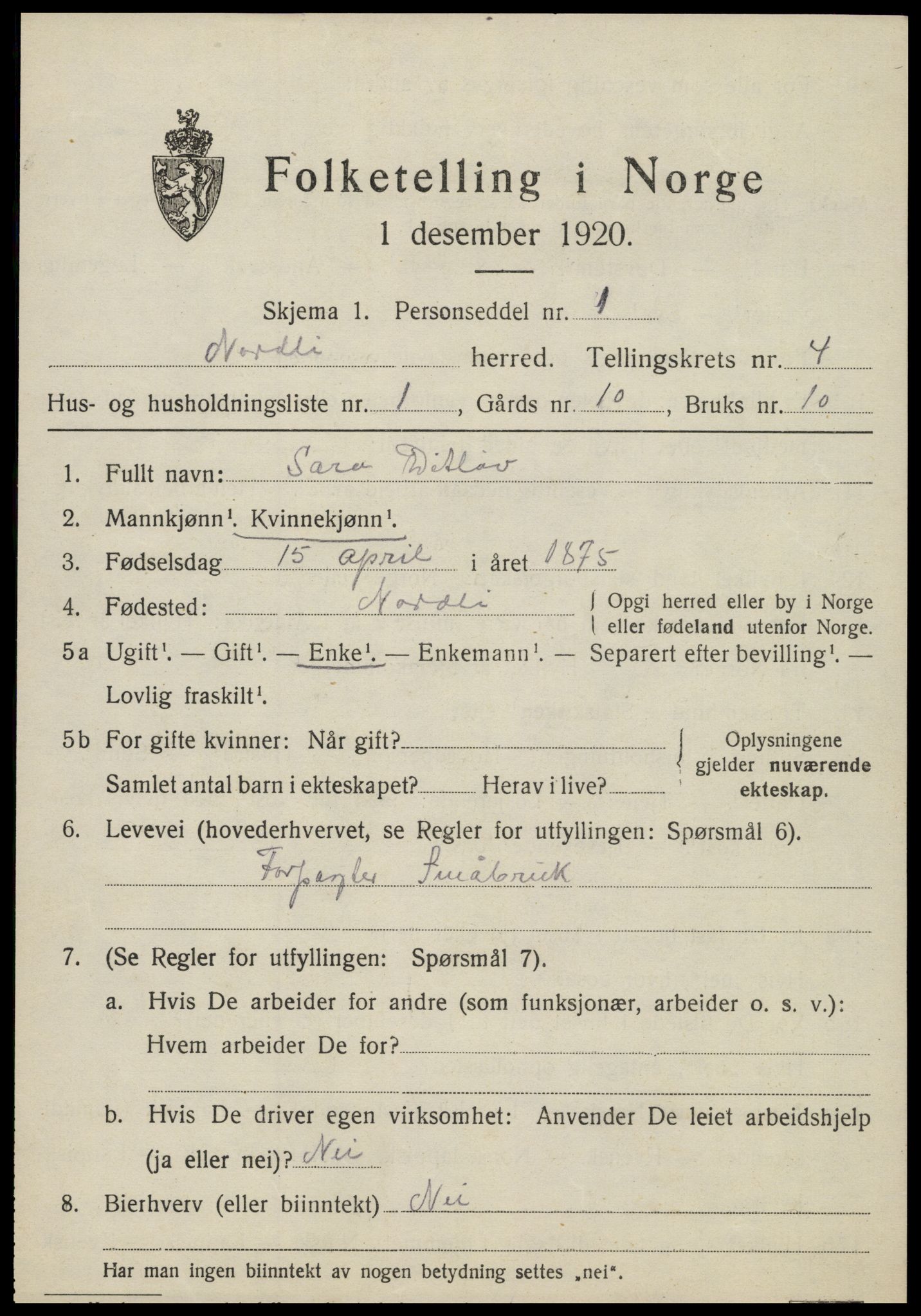 SAT, 1920 census for Nordli, 1920, p. 1837