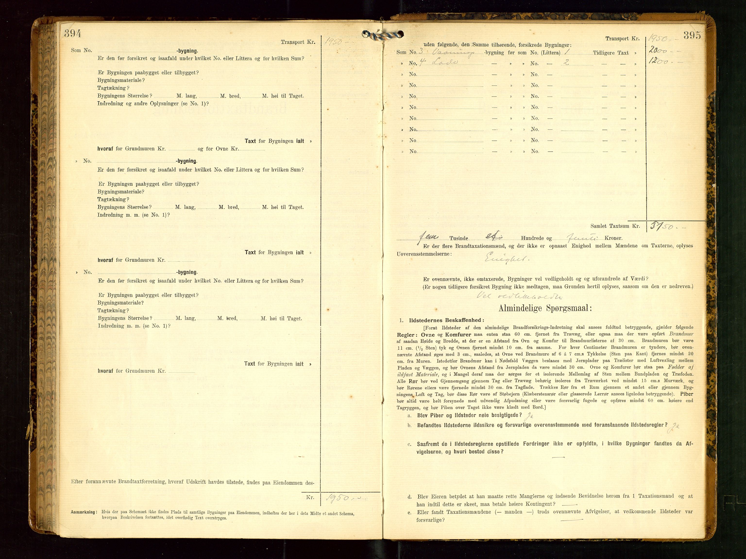 Klepp lensmannskontor, SAST/A-100163/Goc/L0006: "Brandtaxationsprotokol" m/register, 1908-1912, p. 394-395