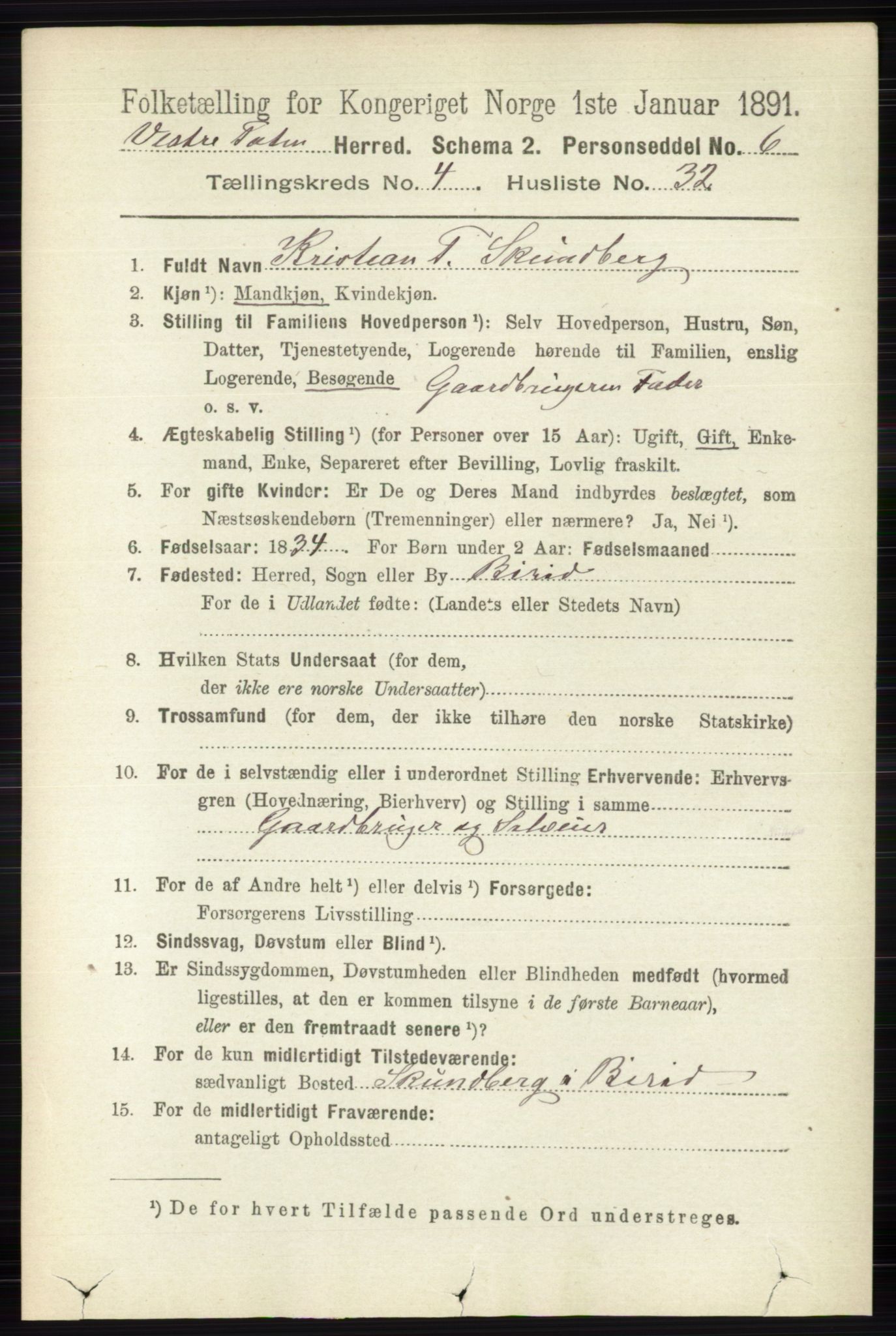 RA, 1891 census for 0529 Vestre Toten, 1891, p. 2890