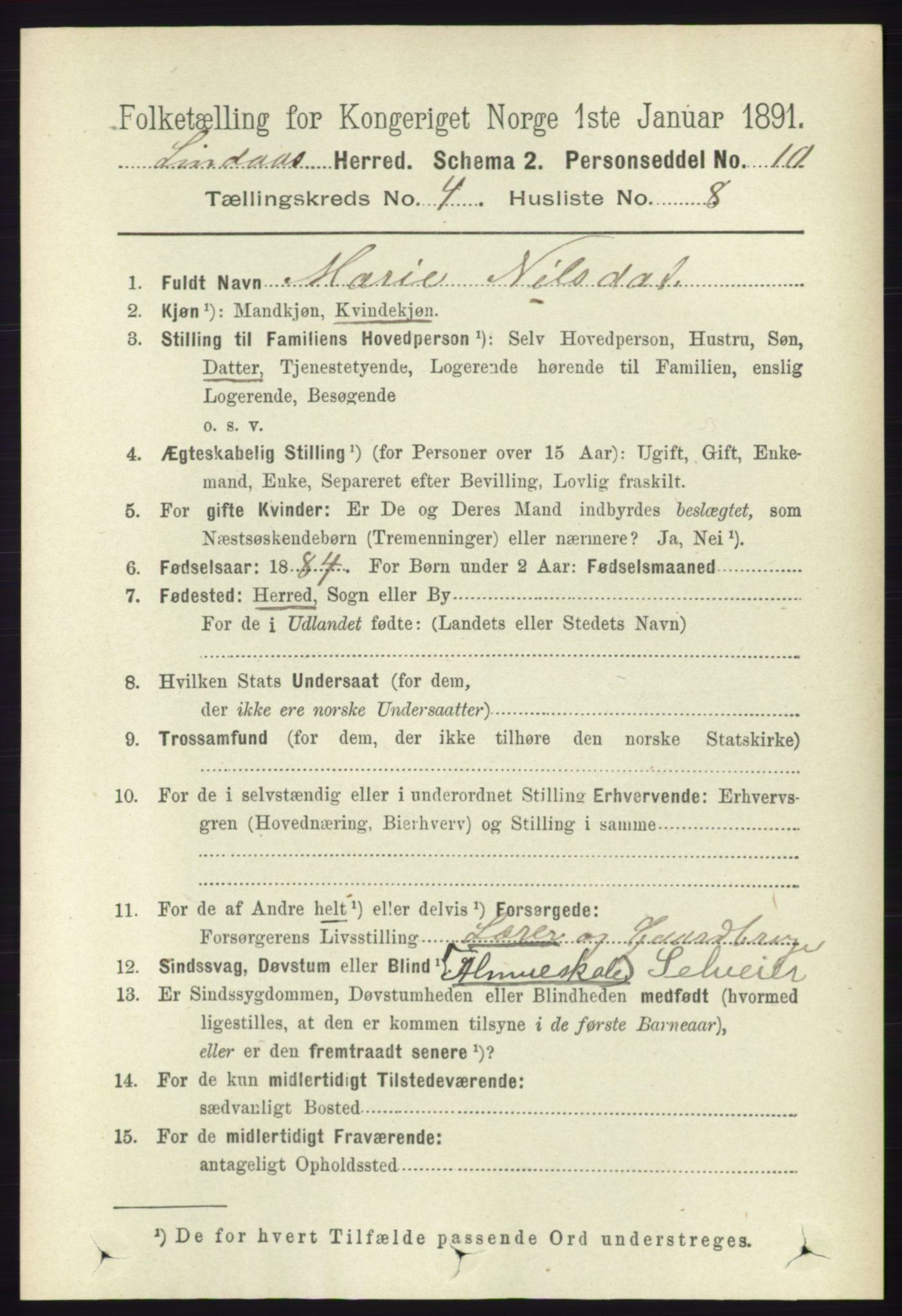 RA, 1891 census for 1263 Lindås, 1891, p. 1186