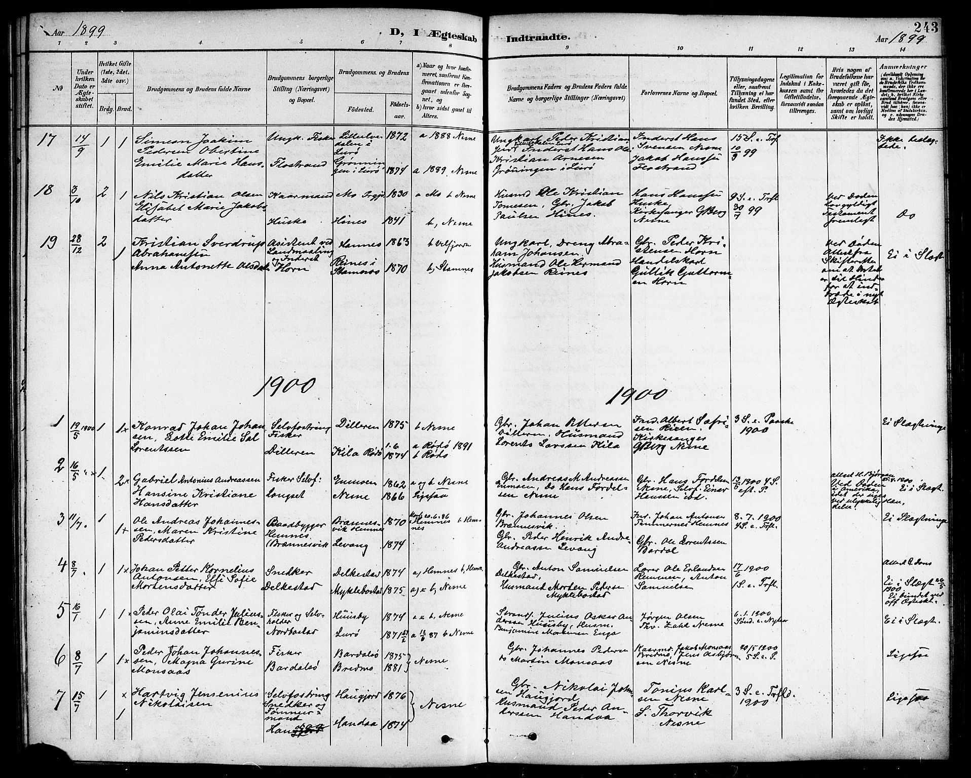 Ministerialprotokoller, klokkerbøker og fødselsregistre - Nordland, AV/SAT-A-1459/838/L0559: Parish register (copy) no. 838C06, 1893-1910, p. 243