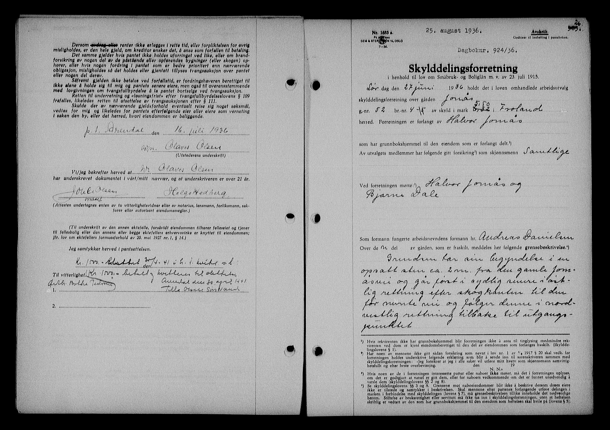 Nedenes sorenskriveri, SAK/1221-0006/G/Gb/Gba/L0043: Mortgage book no. 39, 1936-1937, Diary no: : 924/1936