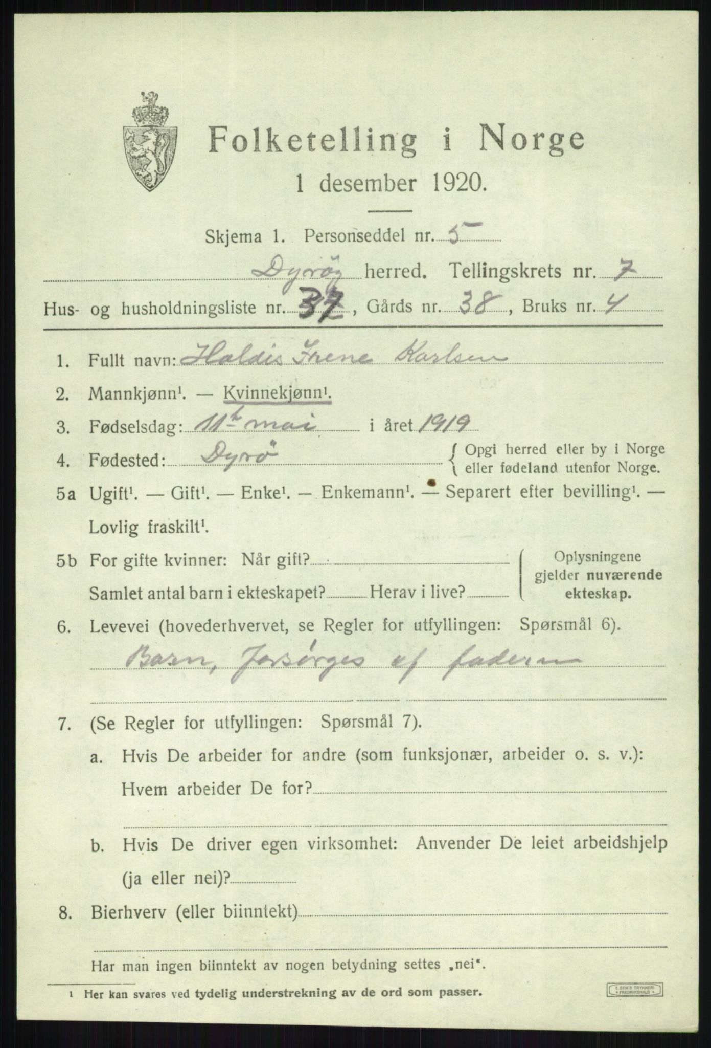 SATØ, 1920 census for Dyrøy, 1920, p. 4097