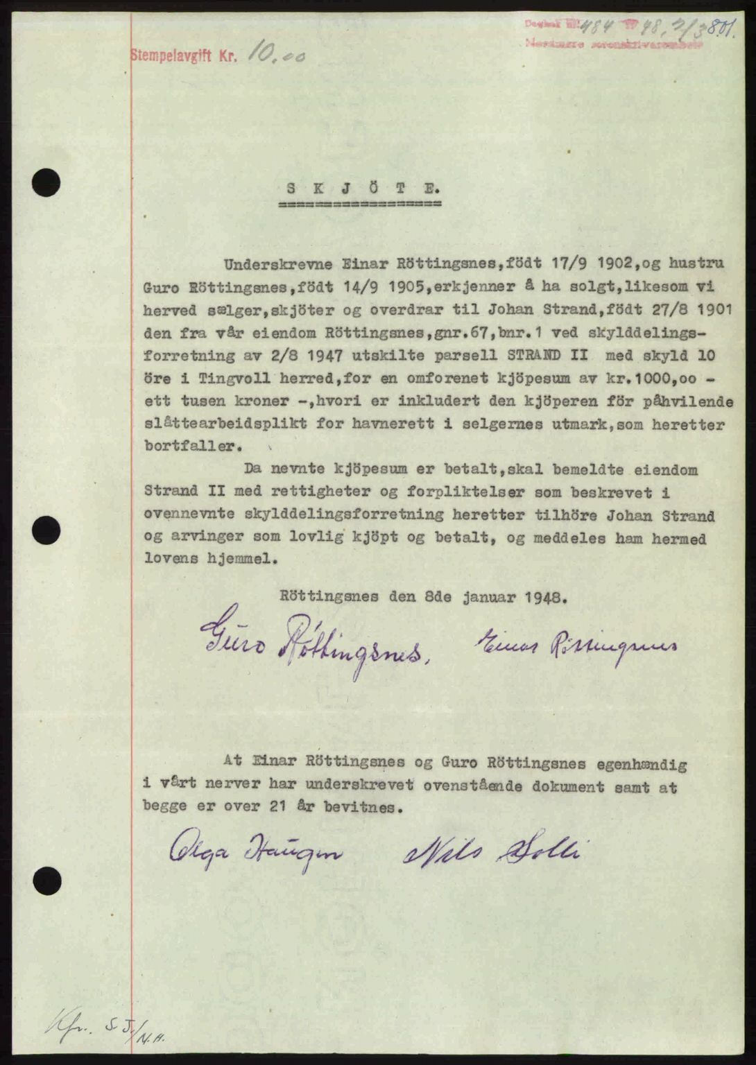 Nordmøre sorenskriveri, AV/SAT-A-4132/1/2/2Ca: Mortgage book no. A107, 1947-1948, Diary no: : 484/1948