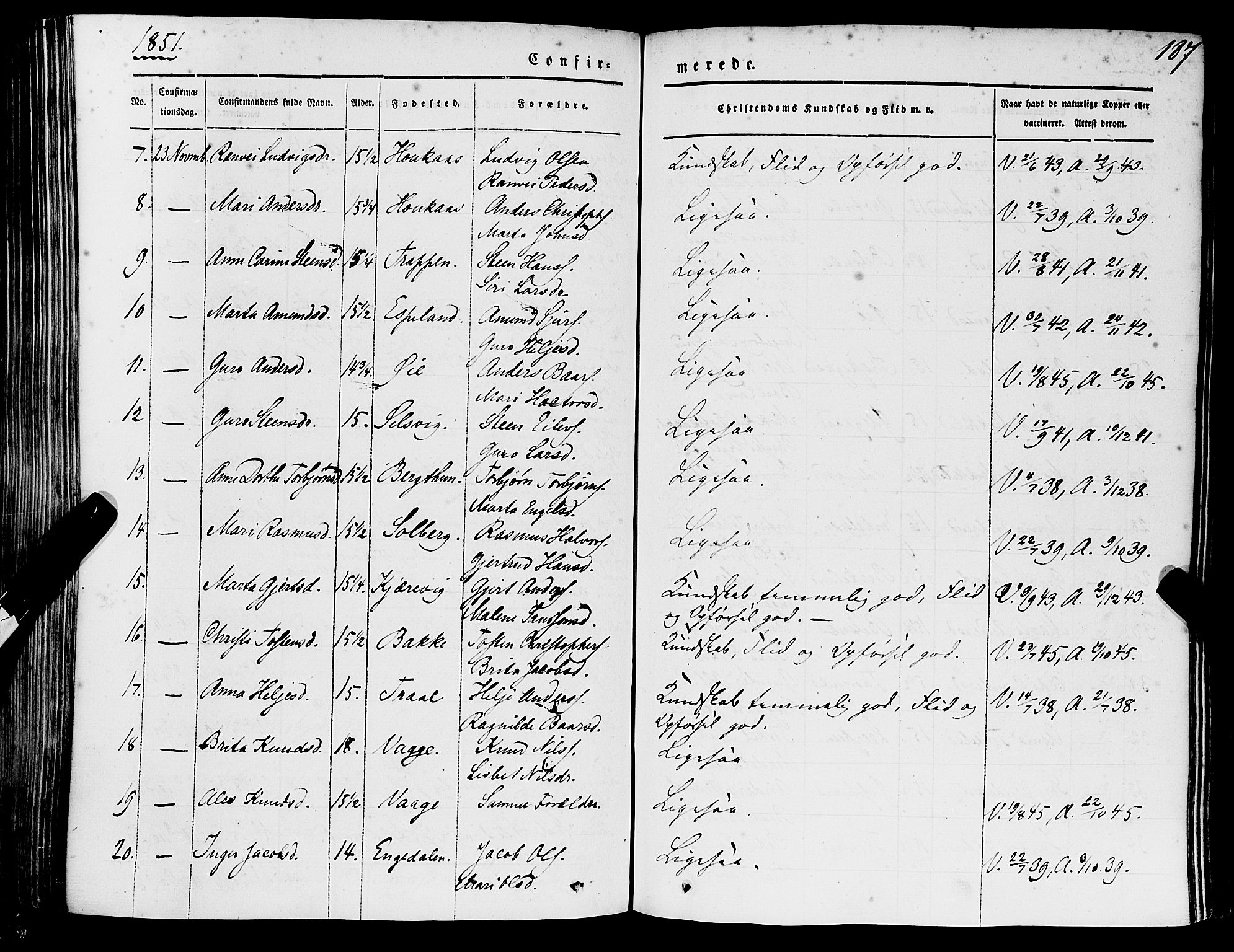 Strandebarm sokneprestembete, AV/SAB-A-78401/H/Haa: Parish register (official) no. A 7, 1844-1872, p. 187
