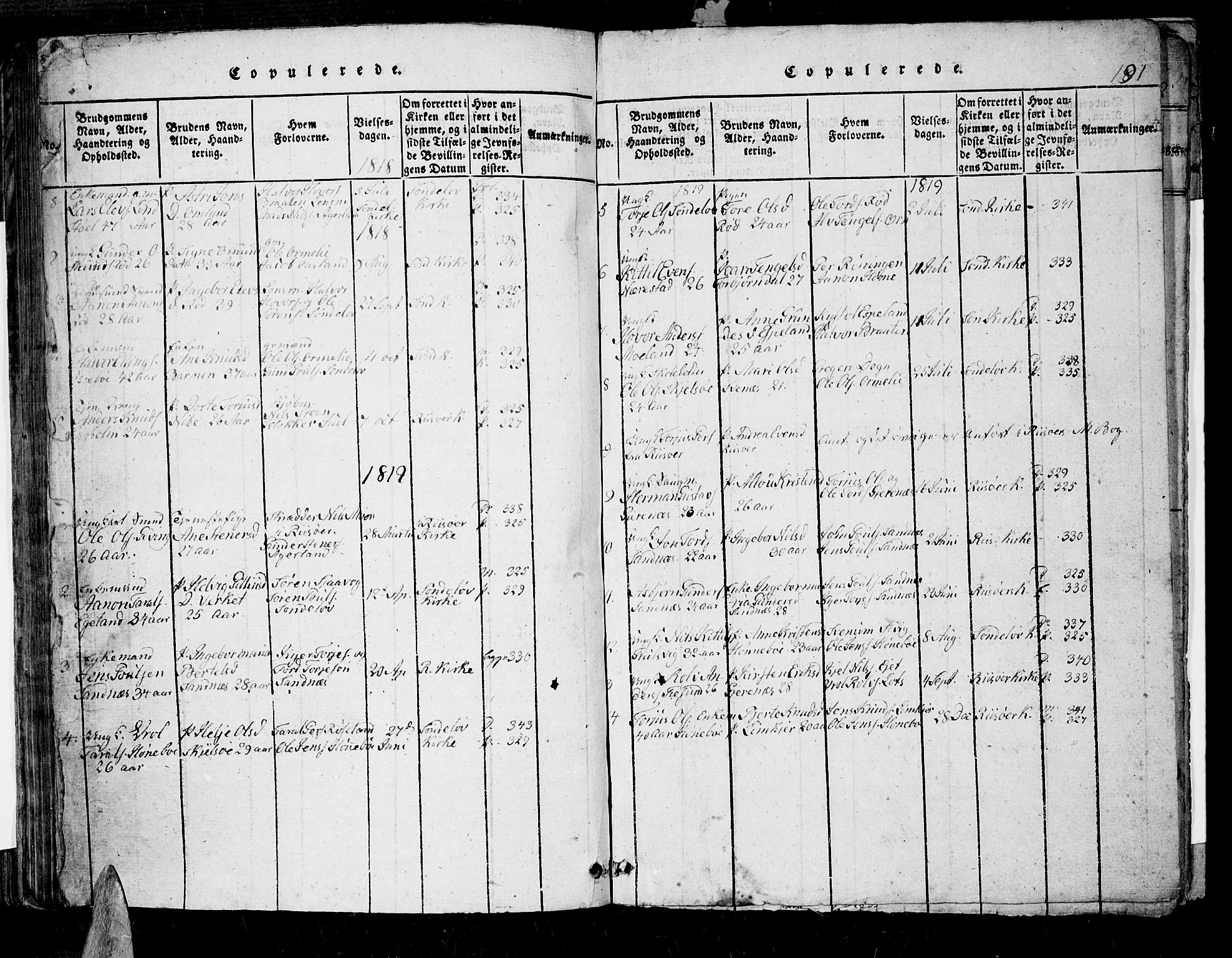 Søndeled sokneprestkontor, AV/SAK-1111-0038/F/Fb/L0002: Parish register (copy) no. B 2, 1816-1839, p. 191
