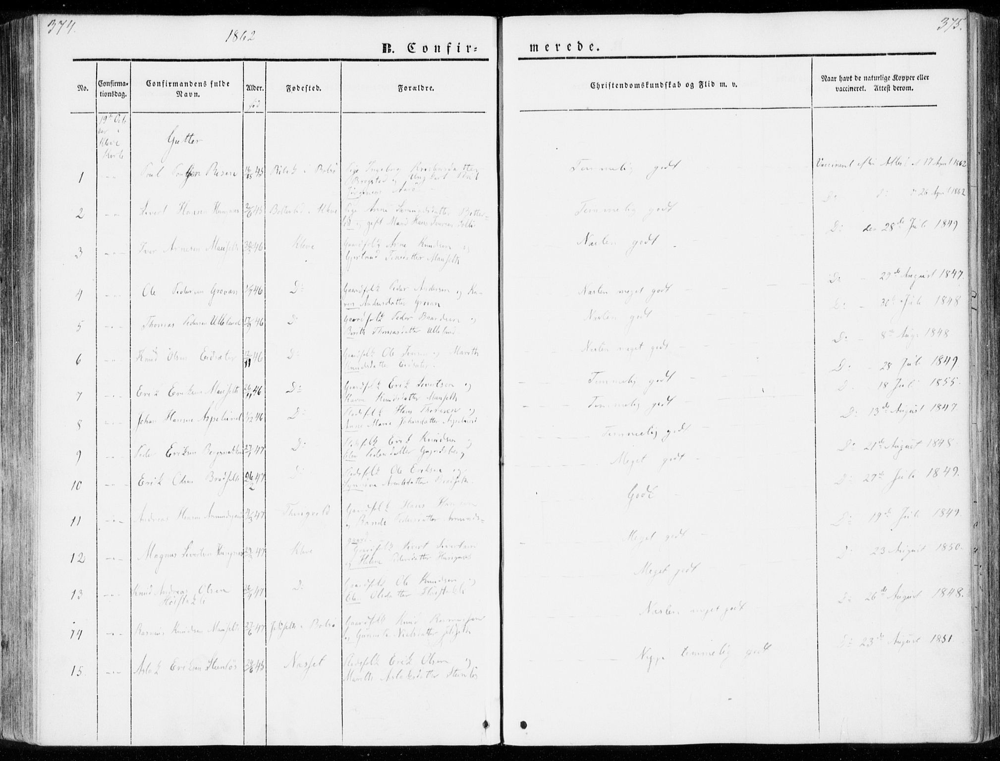Ministerialprotokoller, klokkerbøker og fødselsregistre - Møre og Romsdal, SAT/A-1454/557/L0680: Parish register (official) no. 557A02, 1843-1869, p. 374-375