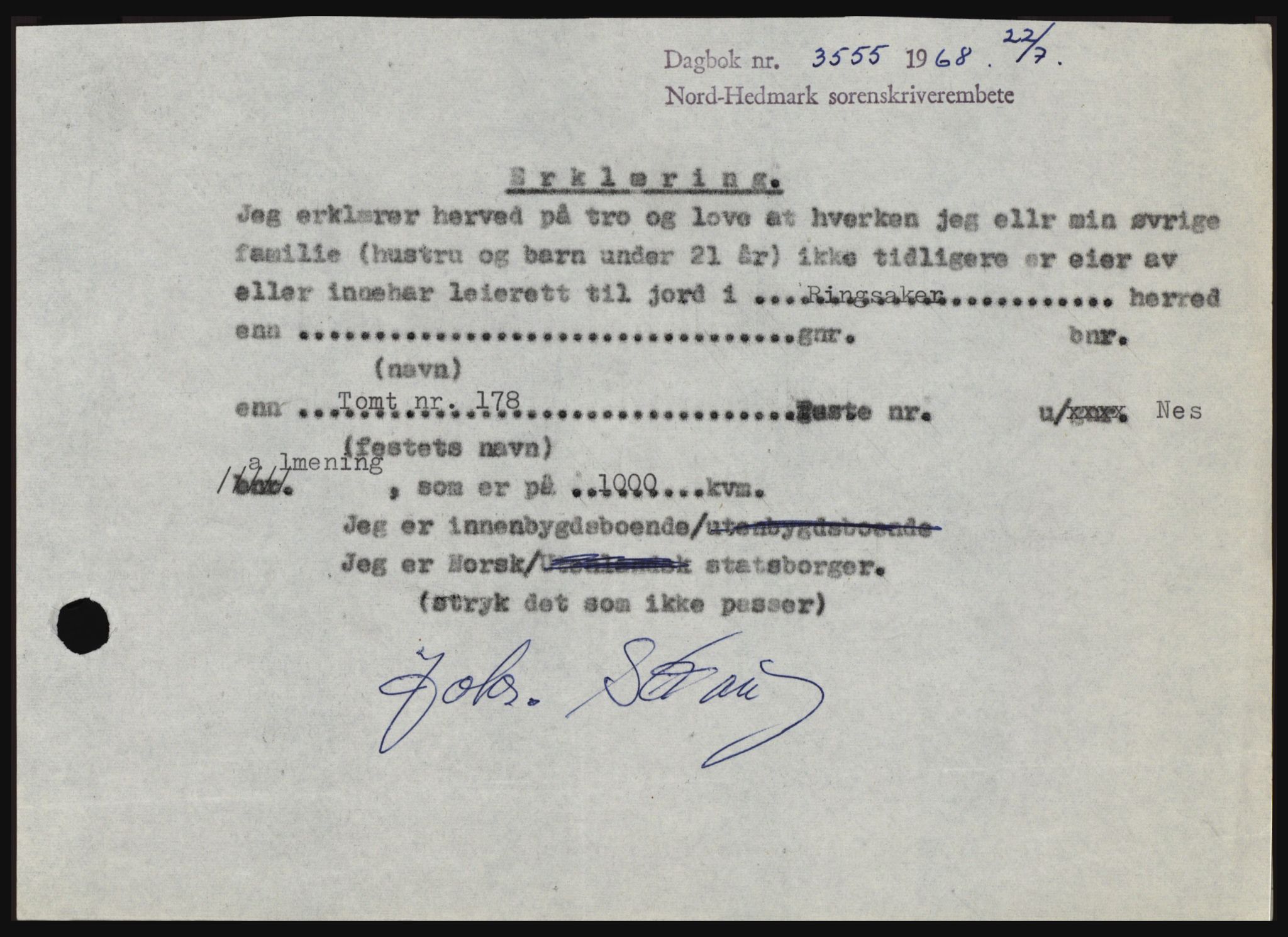 Nord-Hedmark sorenskriveri, SAH/TING-012/H/Hc/L0028: Mortgage book no. 28, 1968-1968, Diary no: : 3555/1968