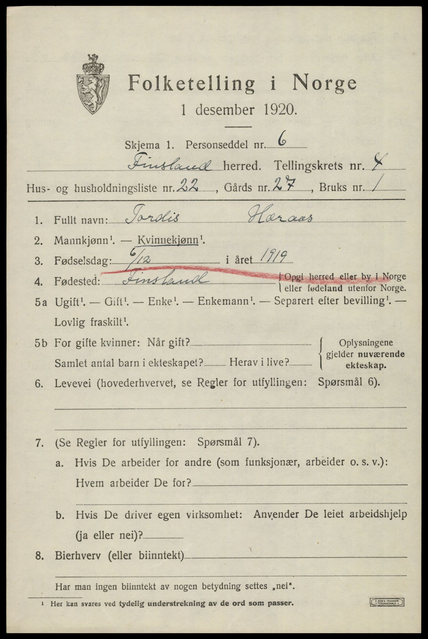 SAK, 1920 census for Finsland, 1920, p. 1794