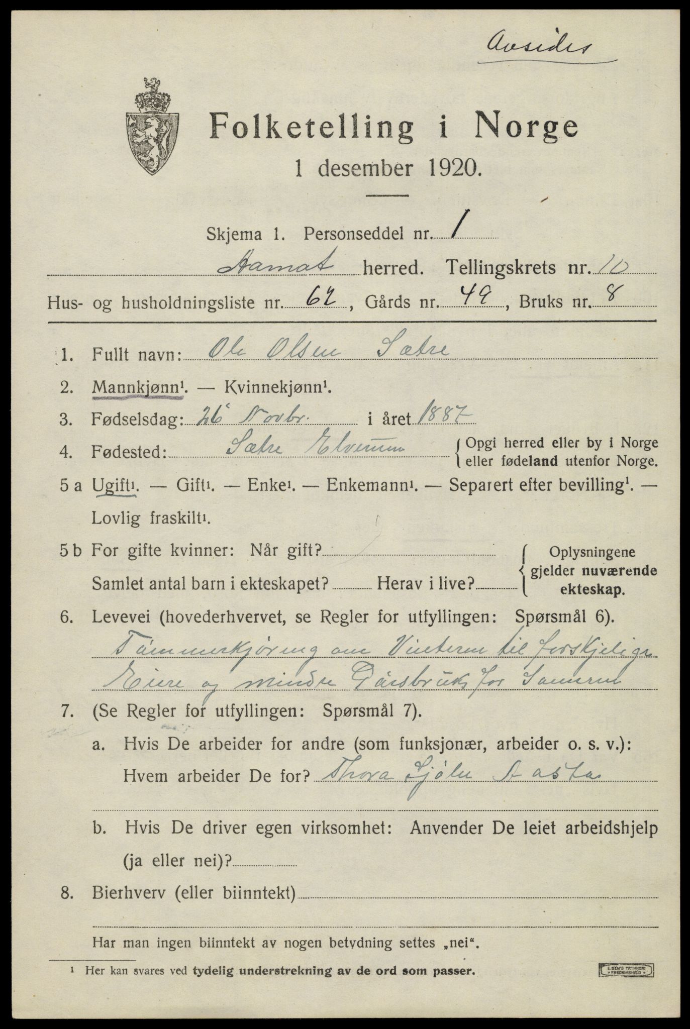 SAH, 1920 census for Åmot, 1920, p. 9403