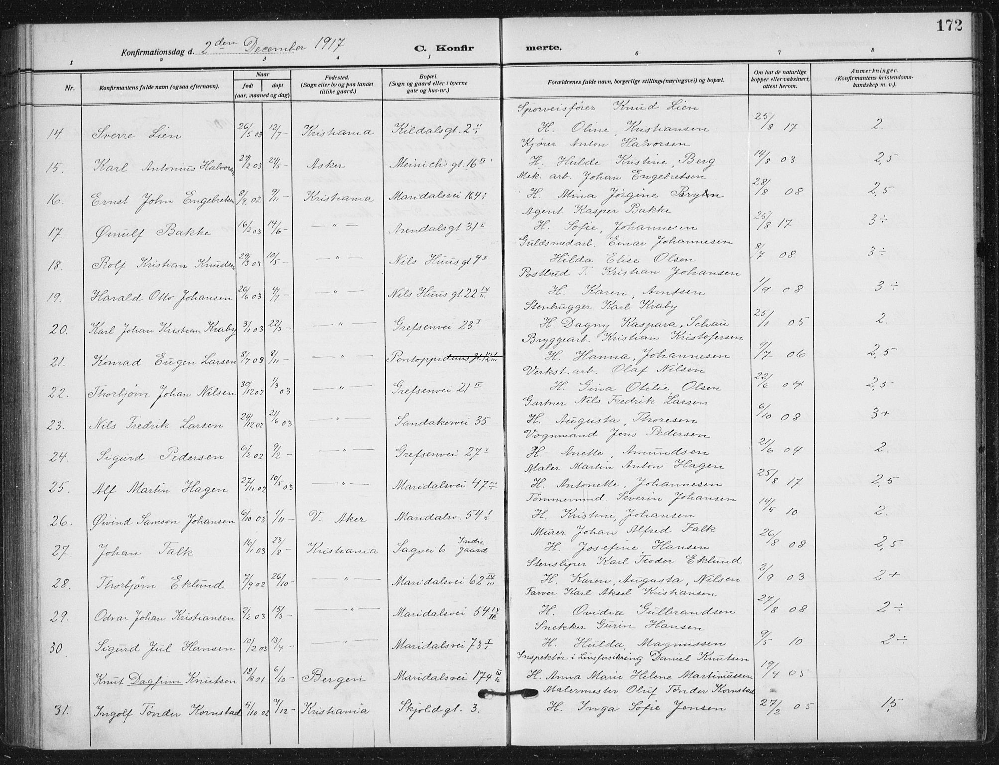 Sagene prestekontor Kirkebøker, SAO/A-10796/F/L0008: Parish register (official) no. 8, 1910-1919, p. 172