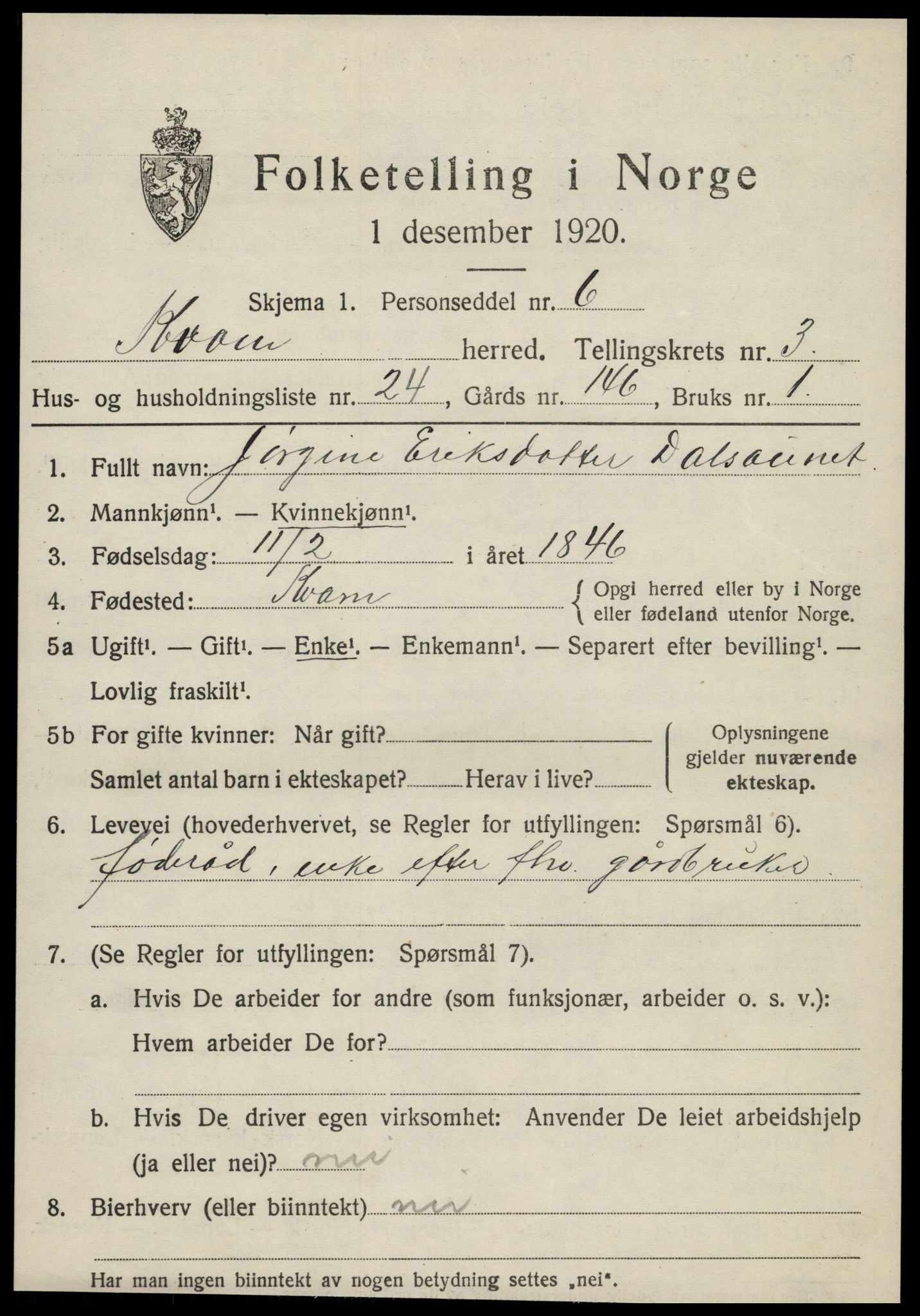 SAT, 1920 census for Kvam, 1920, p. 1085