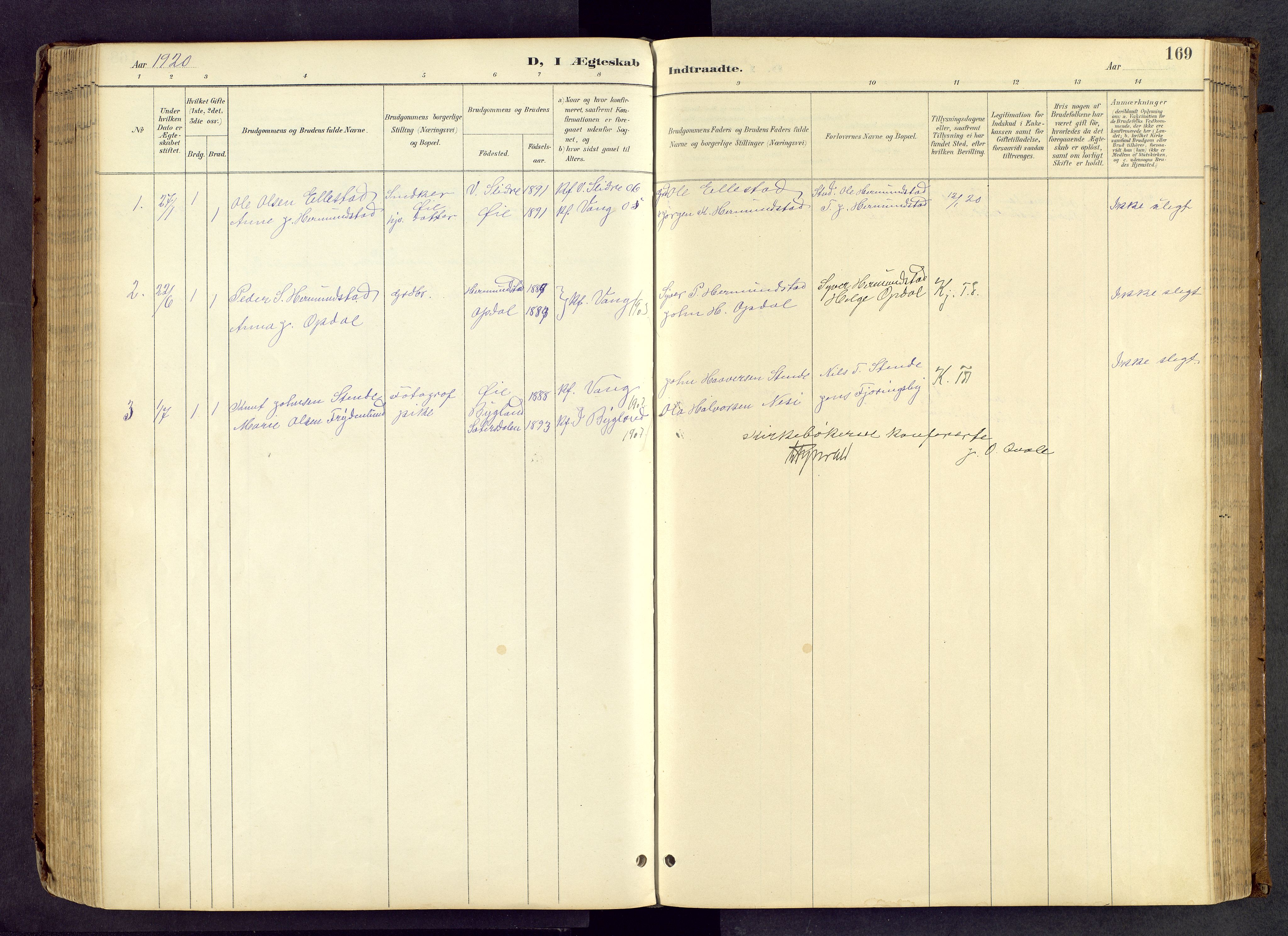 Vang prestekontor, Valdres, SAH/PREST-140/H/Hb/L0005: Parish register (copy) no. 5, 1889-1945, p. 169