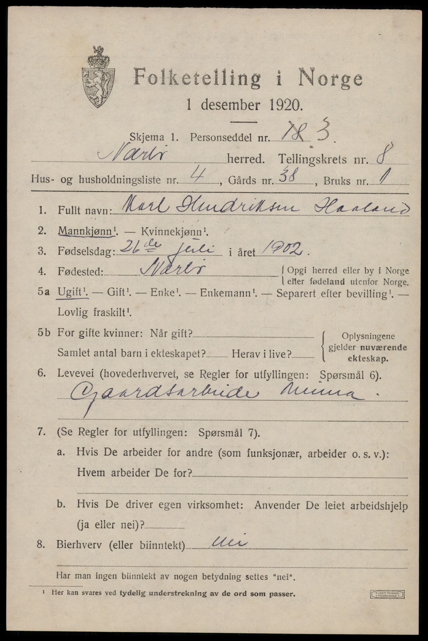 SAST, 1920 census for Nærbø, 1920, p. 5133