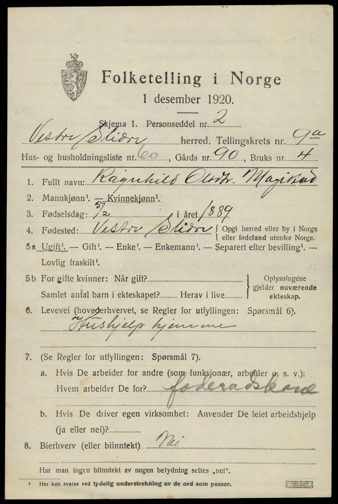 SAH, 1920 census for Vestre Slidre, 1920, p. 5606