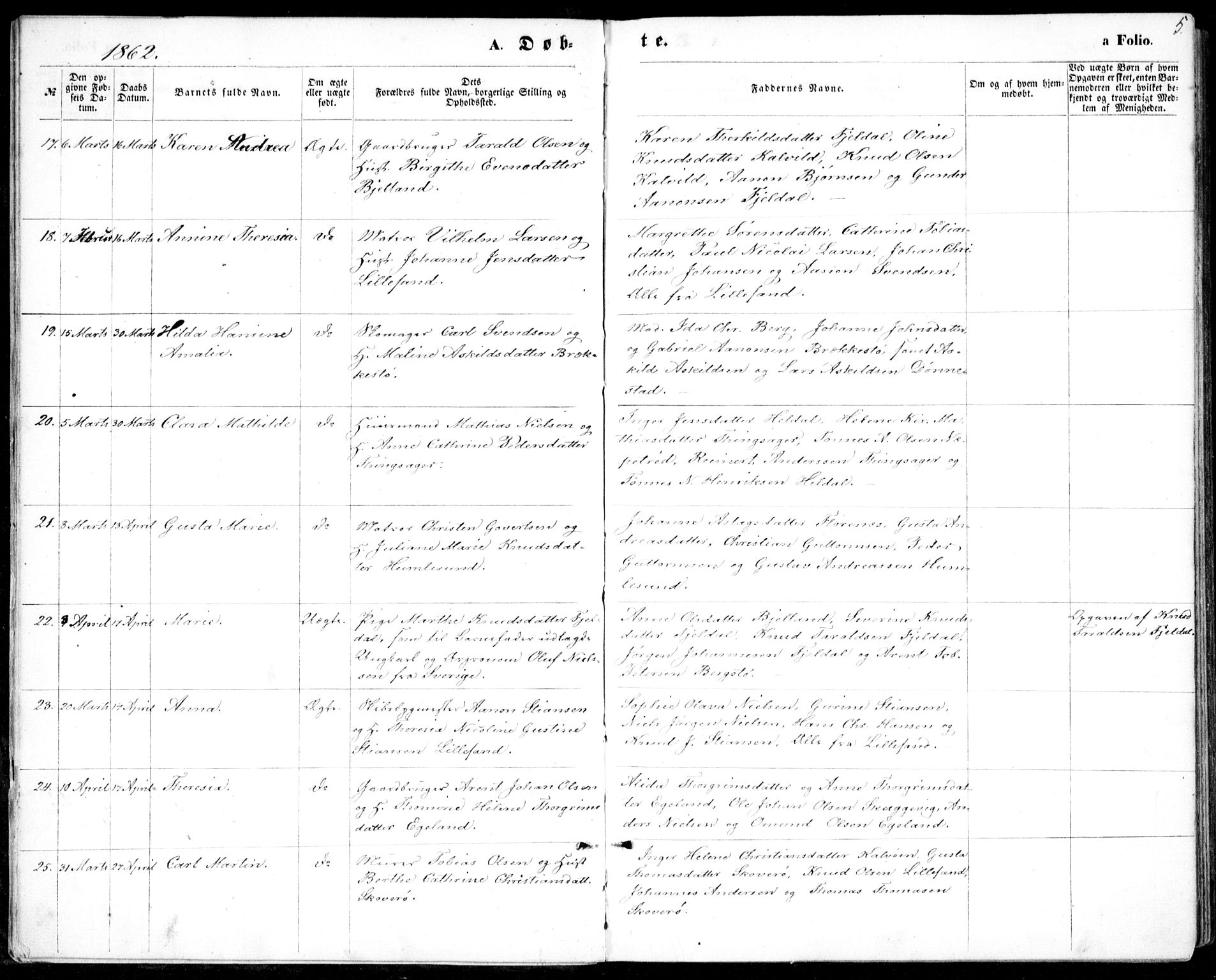 Vestre Moland sokneprestkontor, AV/SAK-1111-0046/F/Fb/Fbb/L0004: Parish register (copy) no. B 4, 1861-1872, p. 5