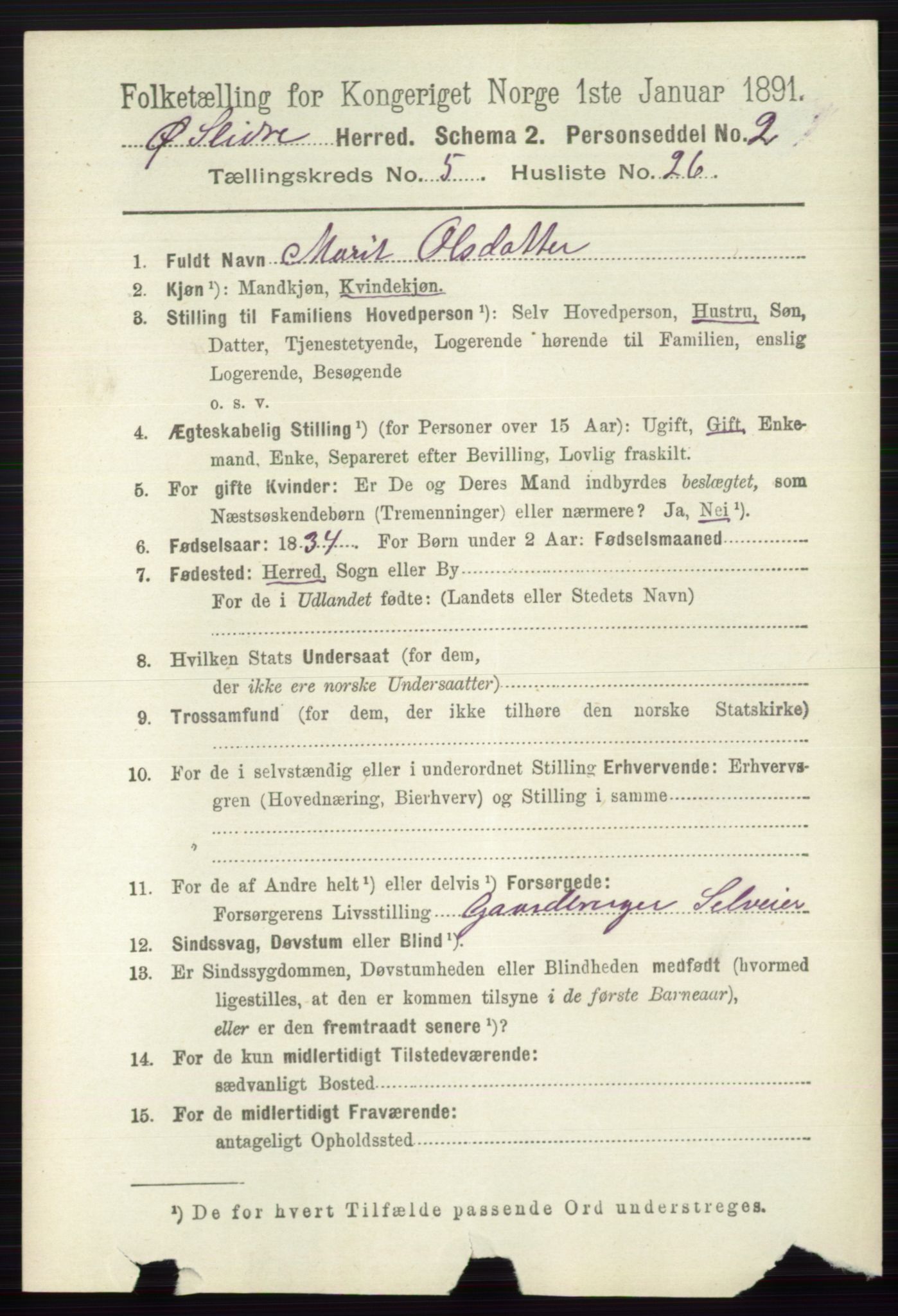 RA, 1891 census for 0544 Øystre Slidre, 1891, p. 1732