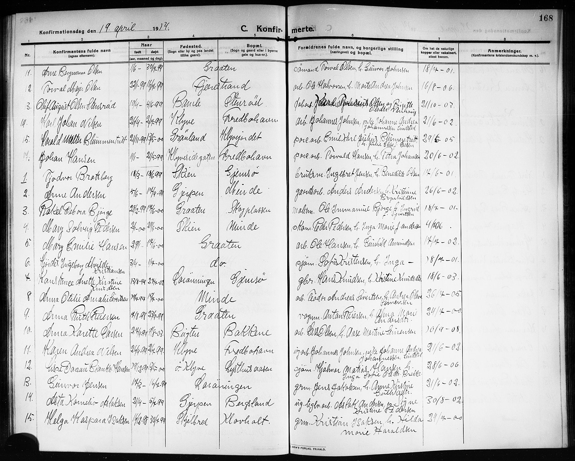 Solum kirkebøker, SAKO/A-306/G/Ga/L0009: Parish register (copy) no. I 9, 1909-1922, p. 168