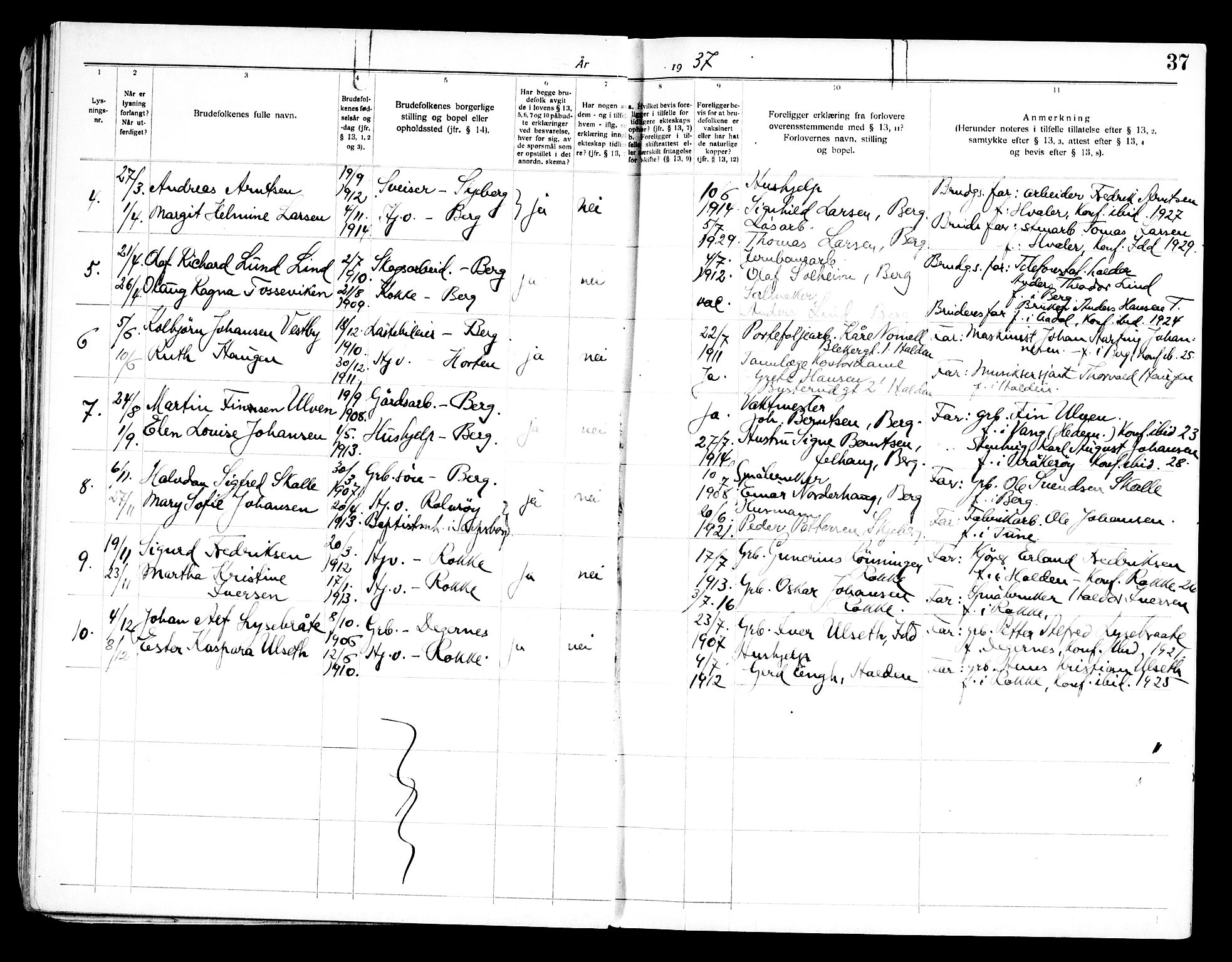 Berg prestekontor Kirkebøker, SAO/A-10902/H/Ha/L0002: Banns register no. I 2, 1919-1966, p. 37