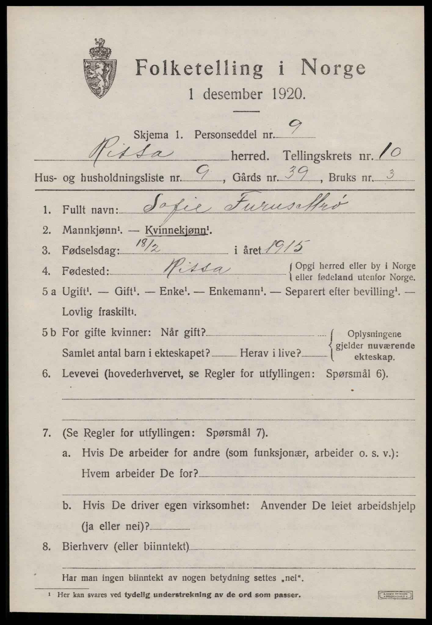 SAT, 1920 census for Rissa, 1920, p. 6677